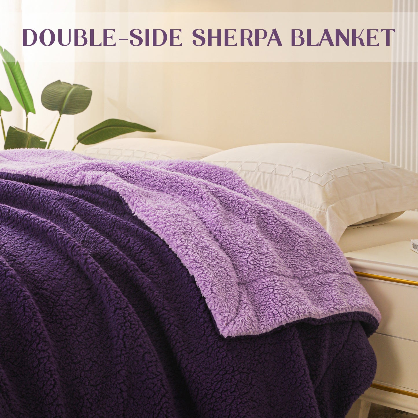 Exclusivo Mezcla Queen Size Reversible Sherpa Fleece Blanket, Soft Plush Blanket for Bed Sofa, Warm Fluffy Blankets for All Season, 90x90 Inches, Deep Purple/ Lilac