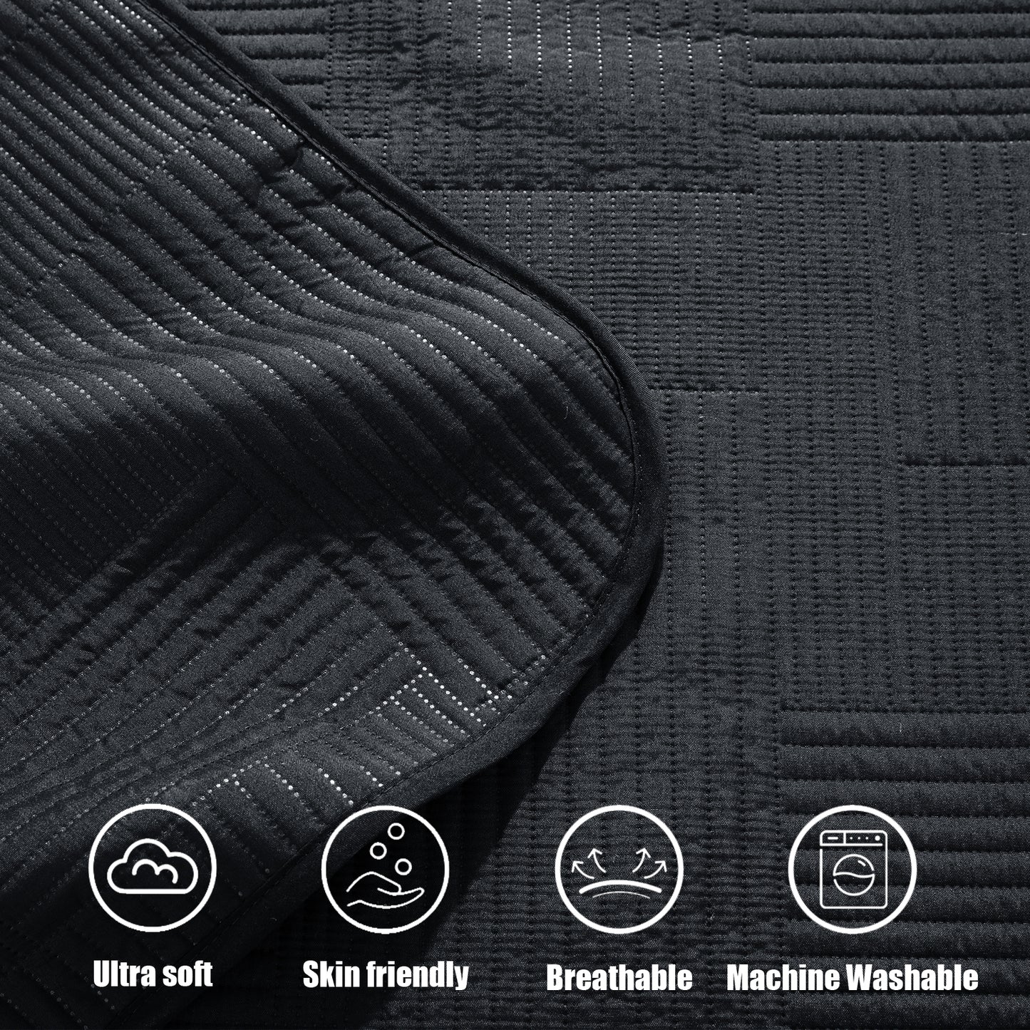 Exclusivo Mezcla Queen Quilt Set, Soft and Lightweight Bedspreads Coverlet with Striped Pattern, Bedding Sets with 2 Pillow Shams, Reversible Bed Cover for All Seasons, 96x90 Inches, Black Grid