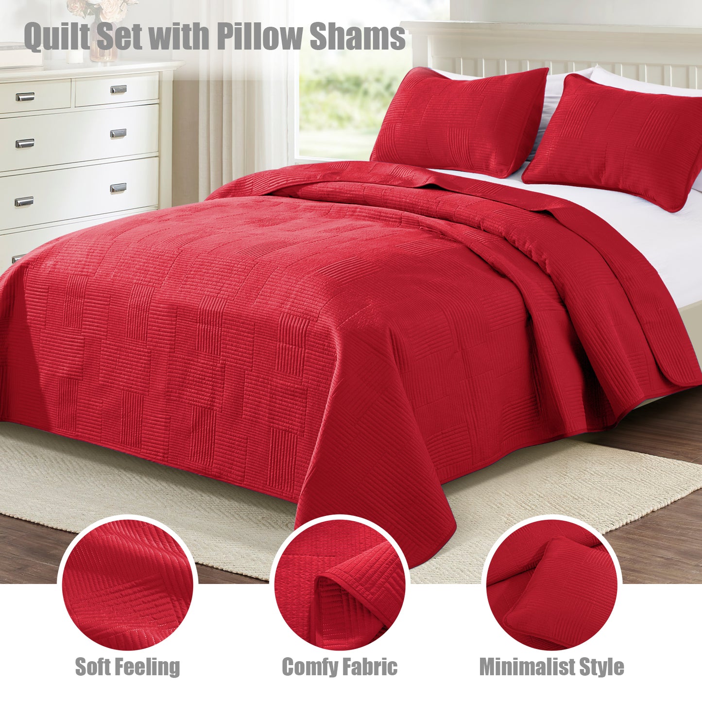 Exclusivo Mezcla King Quilt Set, Soft and Lightweight Bedspreads Coverlet with Striped Pattern, Bedding Sets with 2 Pillow Shams, Reversible Bed Cover for All Seasons, 96x104 Inches,Red Grid