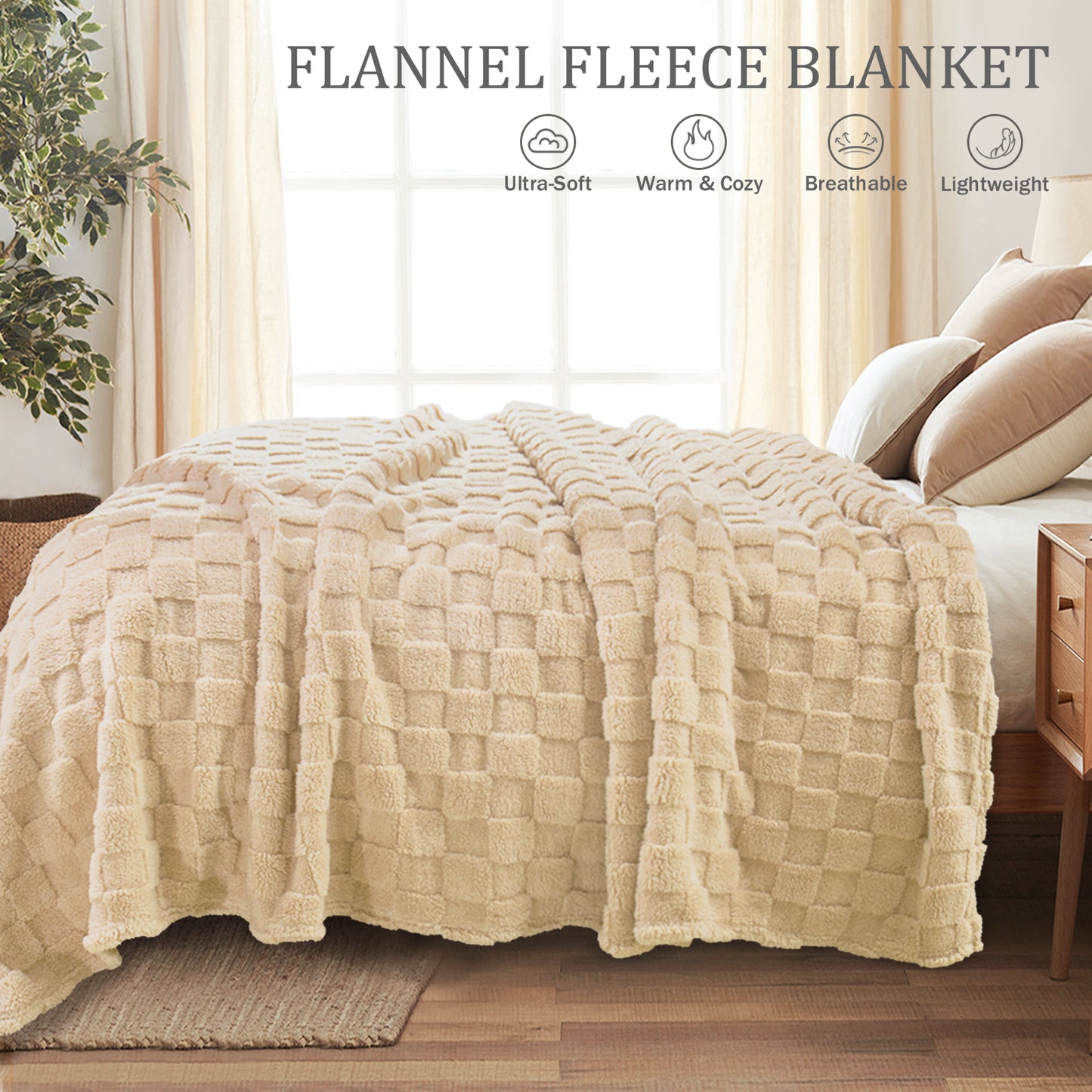 Exclusivo Mezcla Twin Size Flannel Fleece Blanket, Super Soft 3D Checkered Jacquard Bed Blanket, Cozy Fluffy Lightweight Blanket for All Seasons, 60x80 Inches, Beige Blanket