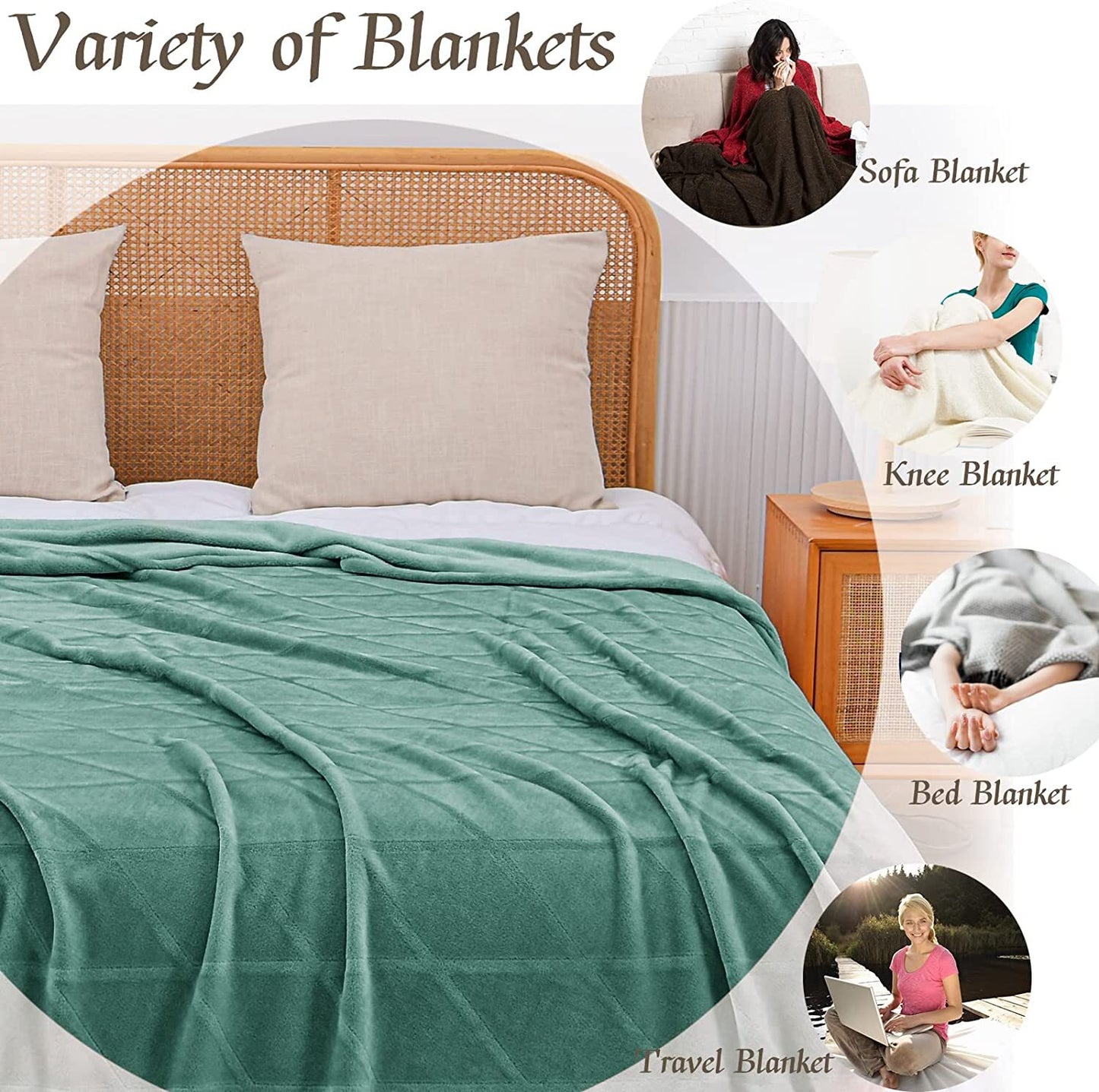 Exclusivo Mezcla King Size Flannel Fleece Blanket, 90x104 Inches Soft Diamond Geometry Pattern Velvet Plush Blanket for Bed, Cozy, Warm, Lightweight and Decorative Celadon Blanket