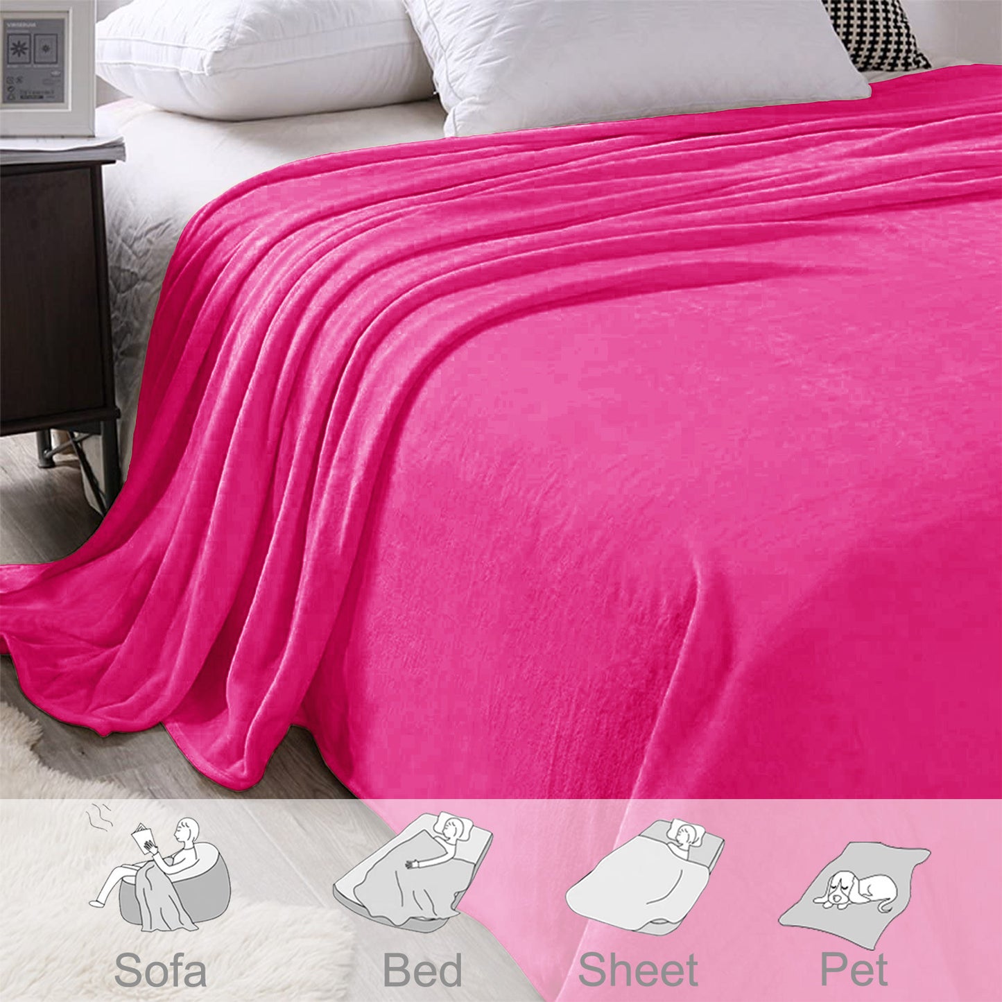 Exclusivo Mezcla Queen Size Flannel Fleece Velvet Plush Bed Blanket as Bedspread, Coverlet, Bed Cover (90x90 inches, Hot Pink) Soft, Lightweight, Warm and Cozy