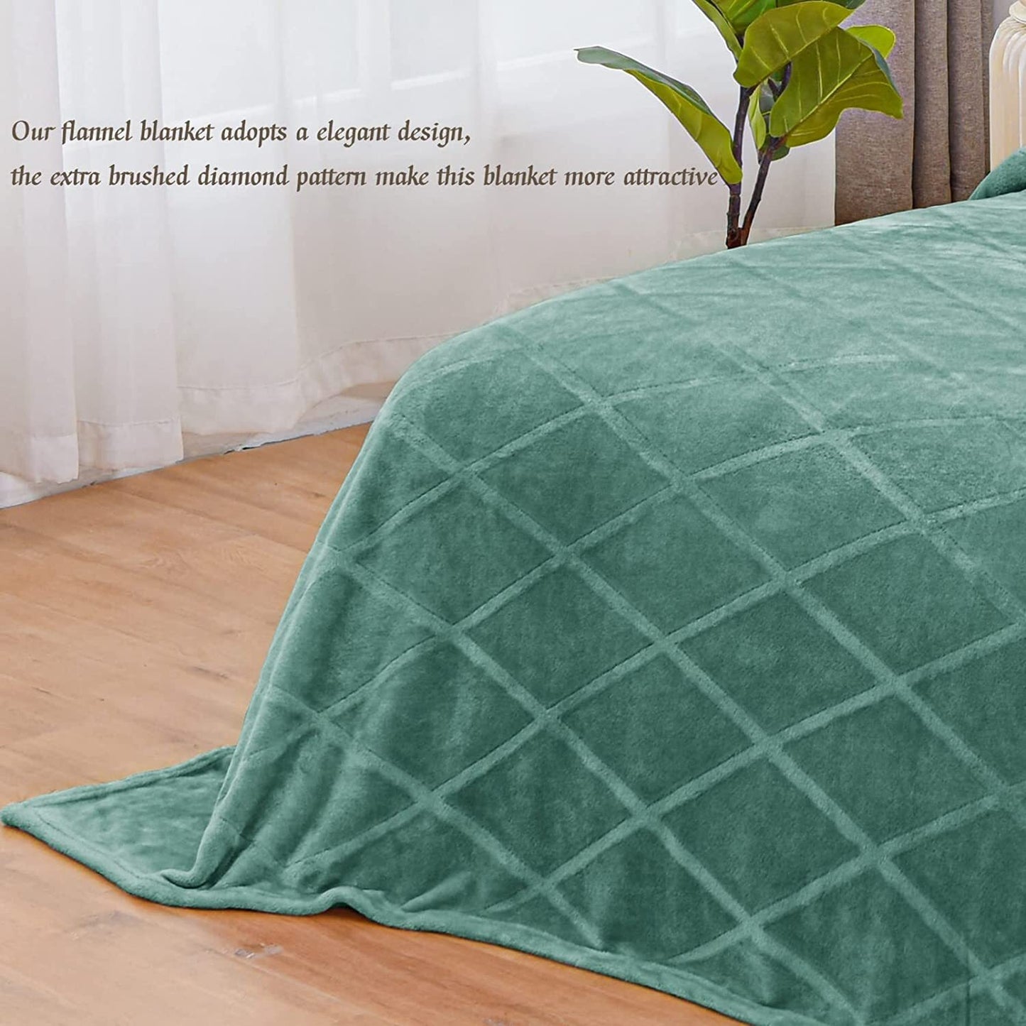 Exclusivo Mezcla King Size Flannel Fleece Blanket, 90x104 Inches Soft Diamond Geometry Pattern Velvet Plush Blanket for Bed, Cozy, Warm, Lightweight and Decorative Celadon Blanket