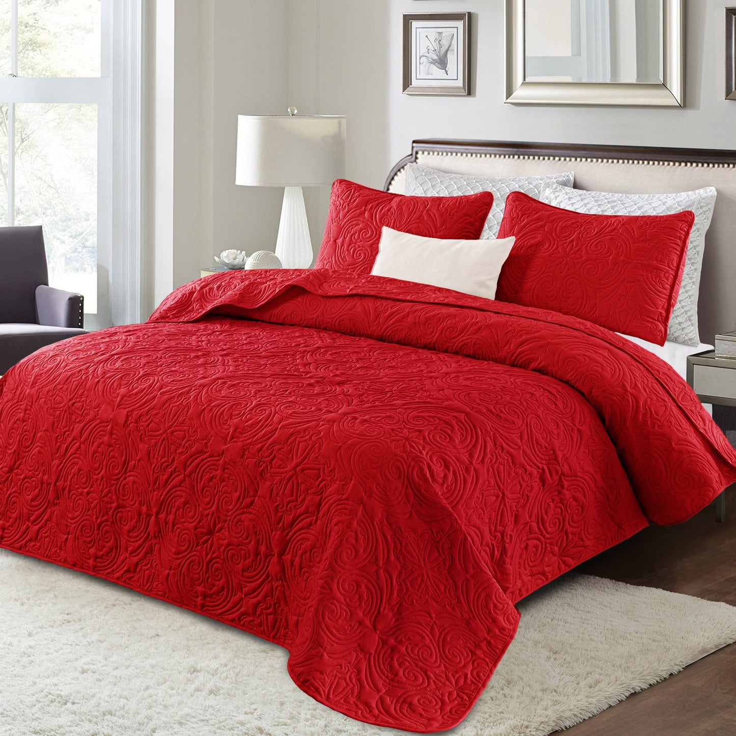Exclusivo Mezcla King Quilt Bedding Set, Lightweight Vintage King Size Quilts with Pillow Shams, Soft Bedspreads Coverlets for All Seasons, (104"x96", Red)