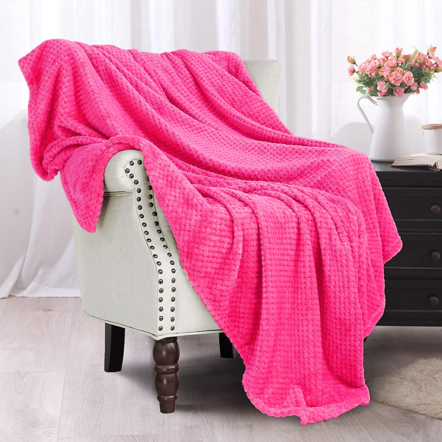 Exclusivo Mezcla Waffle Textured Soft Fleece Blanket, Large Throw Blanket, Cozy, Warm and Lightweight (Fuchsia, 50x70 inches)