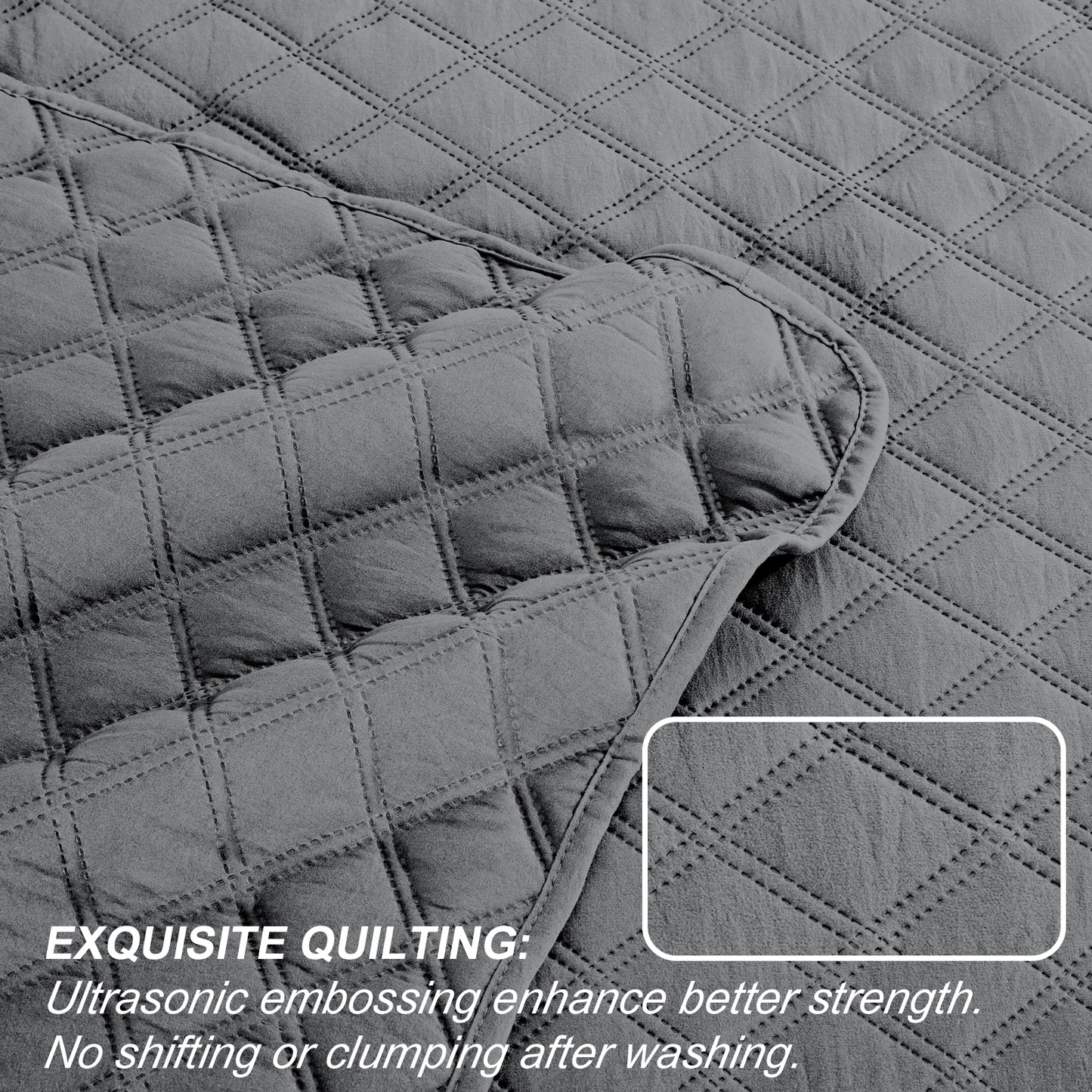 Exclusivo Mezcla 3-Piece Gray King Size Quilt Set, Box Pattern Ultrasonic Lightweight and Soft Quilts/Bedspreads/Coverlets/Bedding Set (1 Quilt, 2 Pillow Shams) for All Seasons