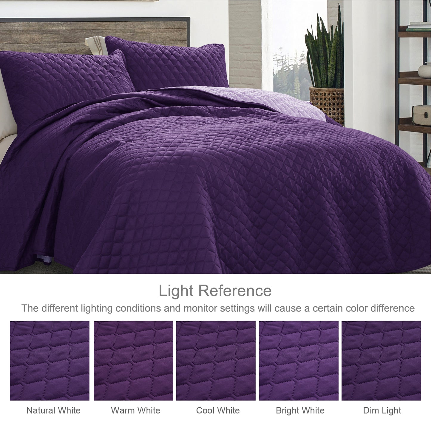 Exclusivo Mezcla Ultrasonic Reversible King Size Quilt Bedding Set with Pillow Shams, Lightweight Quilts King Size, Soft Bedspreads Bed Coverlets for All Seasons - (Deep Purple, 104"x96")
