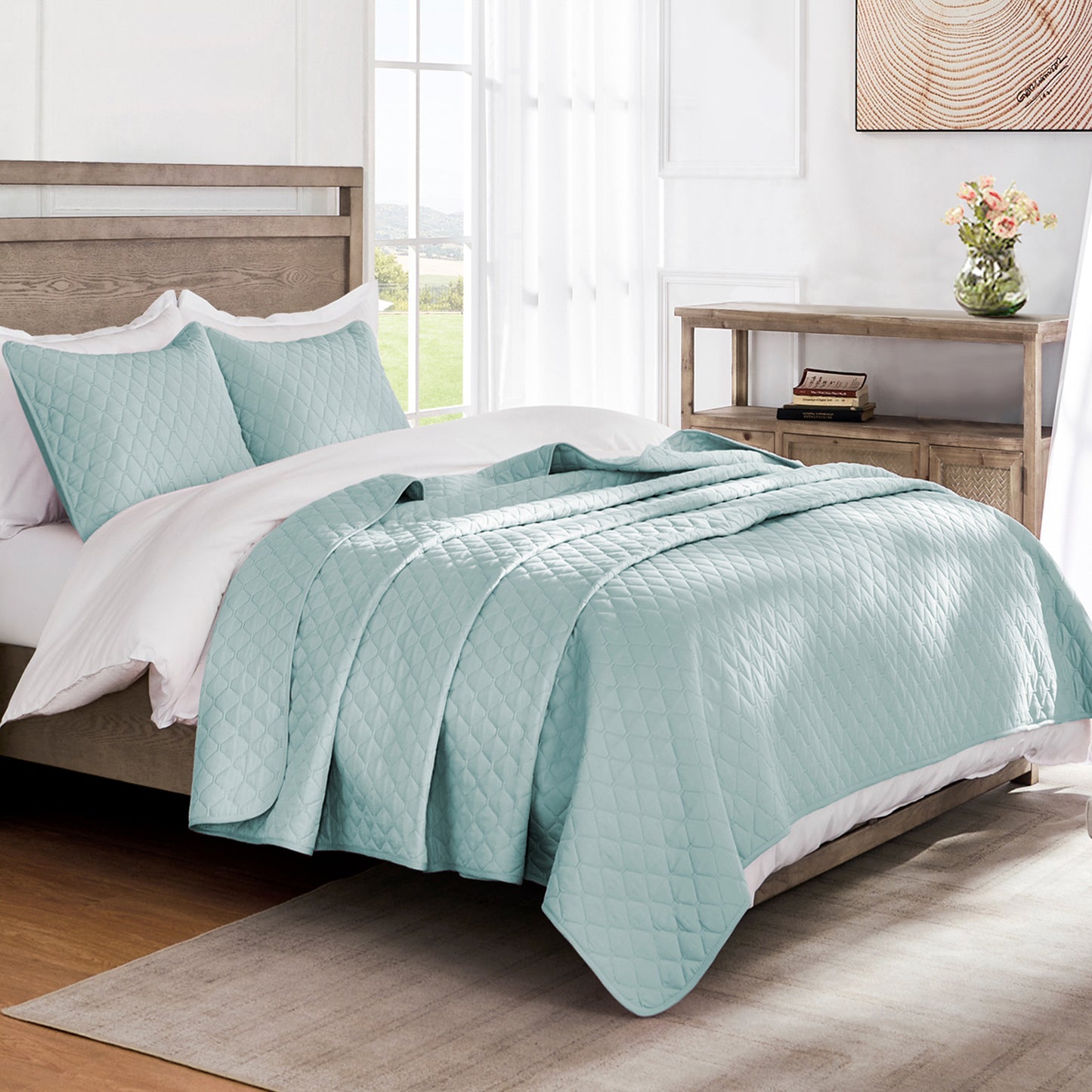 Exclusivo Mezcla Ultrasonic Reversible Full Queen Quilt Bedding Set with Pillow Shams, Lightweight Quilts Queen Size, Soft Bedspreads Bed Coverlets for All Seasons - (Aqua Blue, 90"x96")