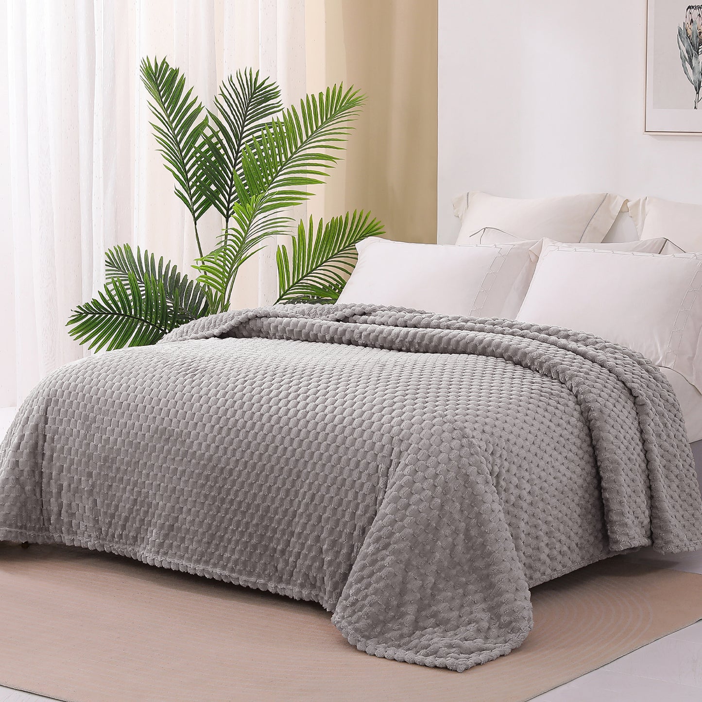 Exclusivo Mezcla Twin Size Soft Fleece Blanket, 60x80 Inches 3D Clouds Stylish Jacquard Velvet Blanket for Bed, Cozy Soft Lightweight for All Season, Light Grey Blanket