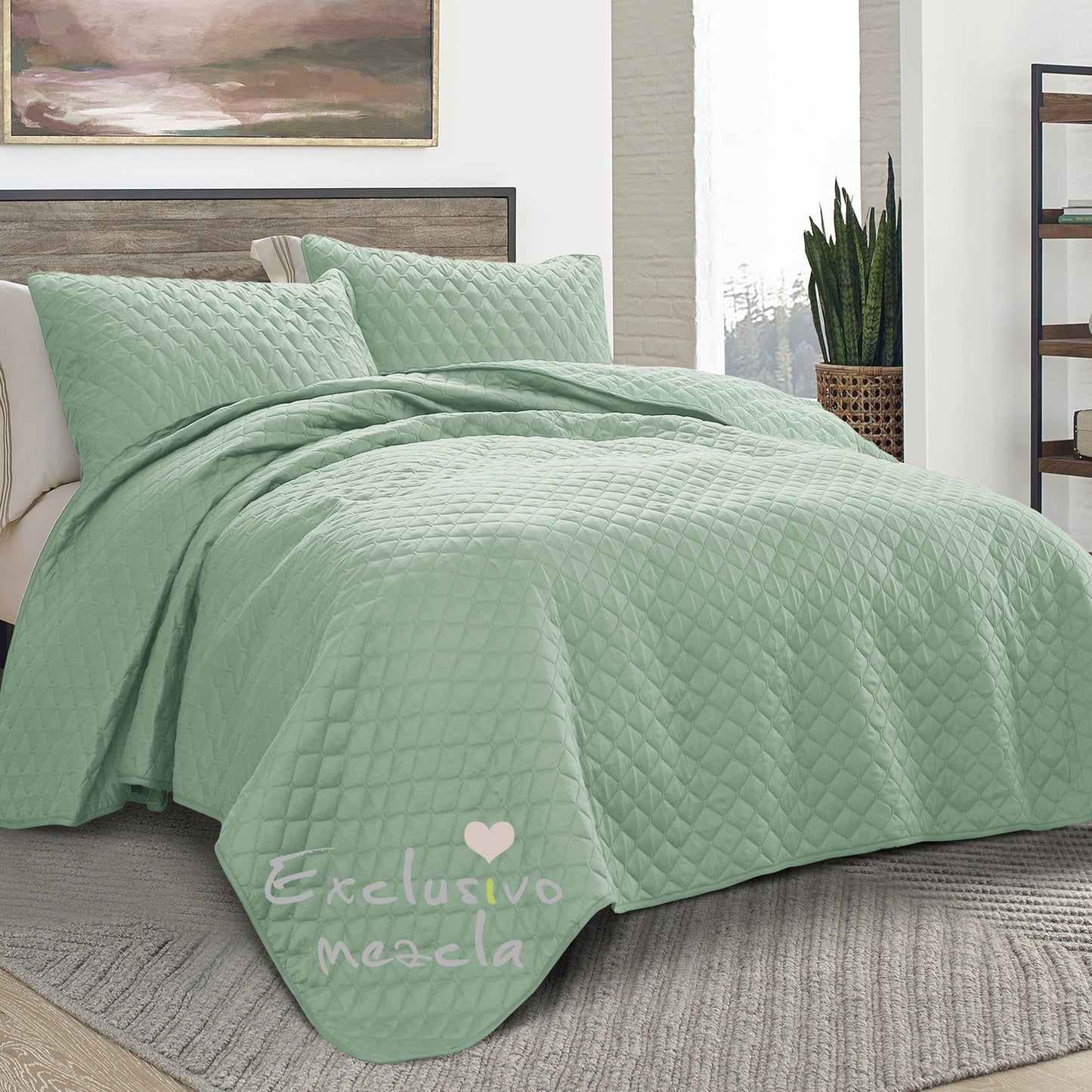 Exclusivo Mezcla Ultrasonic Reversible King Size Quilt Bedding Set with Pillow Shams, Lightweight Quilts King Size, Soft Bedspreads Bed Coverlets for All Seasons - (Mint Green, 104"x96")