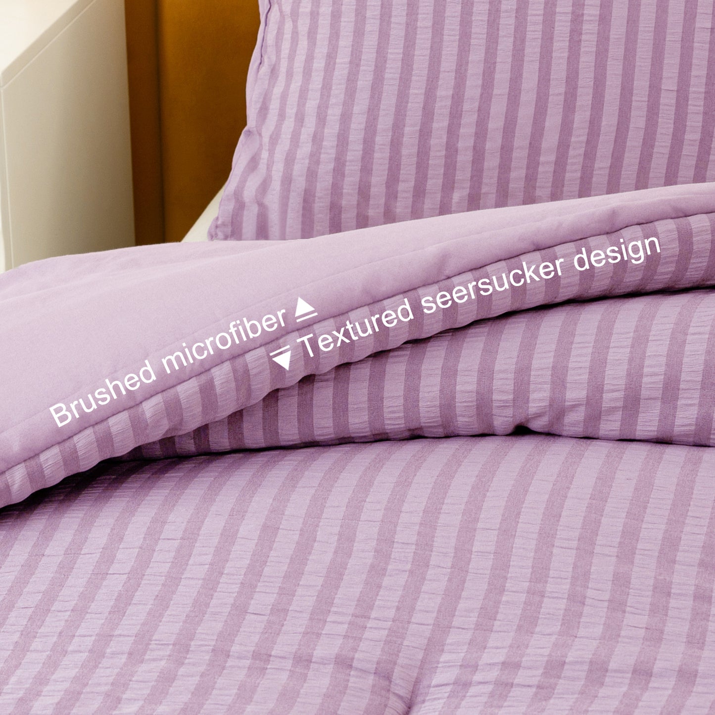 Exclusivo Mezcla 3-Piece Seersucker Queen Comforter Set Lilac, Lightweight Soft Striped Pattern All Season Bedding Comforter sets with 2 Pillow Shams