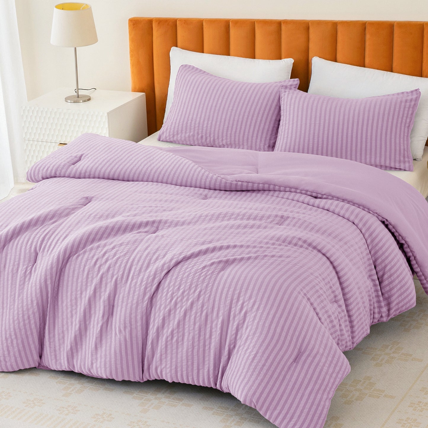 Exclusivo Mezcla 3-Piece Seersucker Queen Comforter Set Lilac, Lightweight Soft Striped Pattern All Season Bedding Comforter sets with 2 Pillow Shams