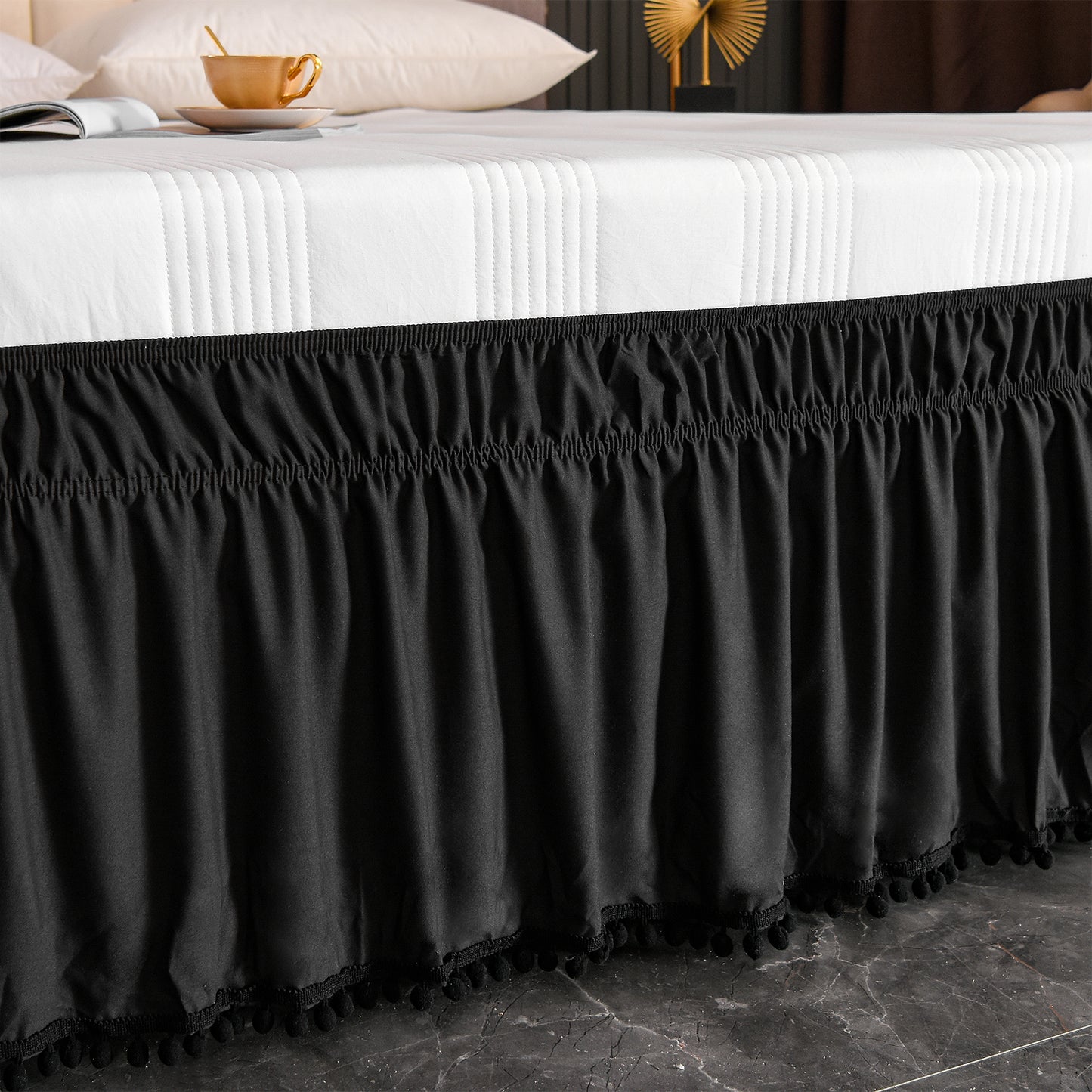 Exclusivo Mezcla Pom Pom Bed Skirt with Adjustable Elastic Belt, Easy Wrap Around Dust Ruffles with 16 Inch Tailored Drop, Wrinkle and Fade Resistant, (Queen, Black)