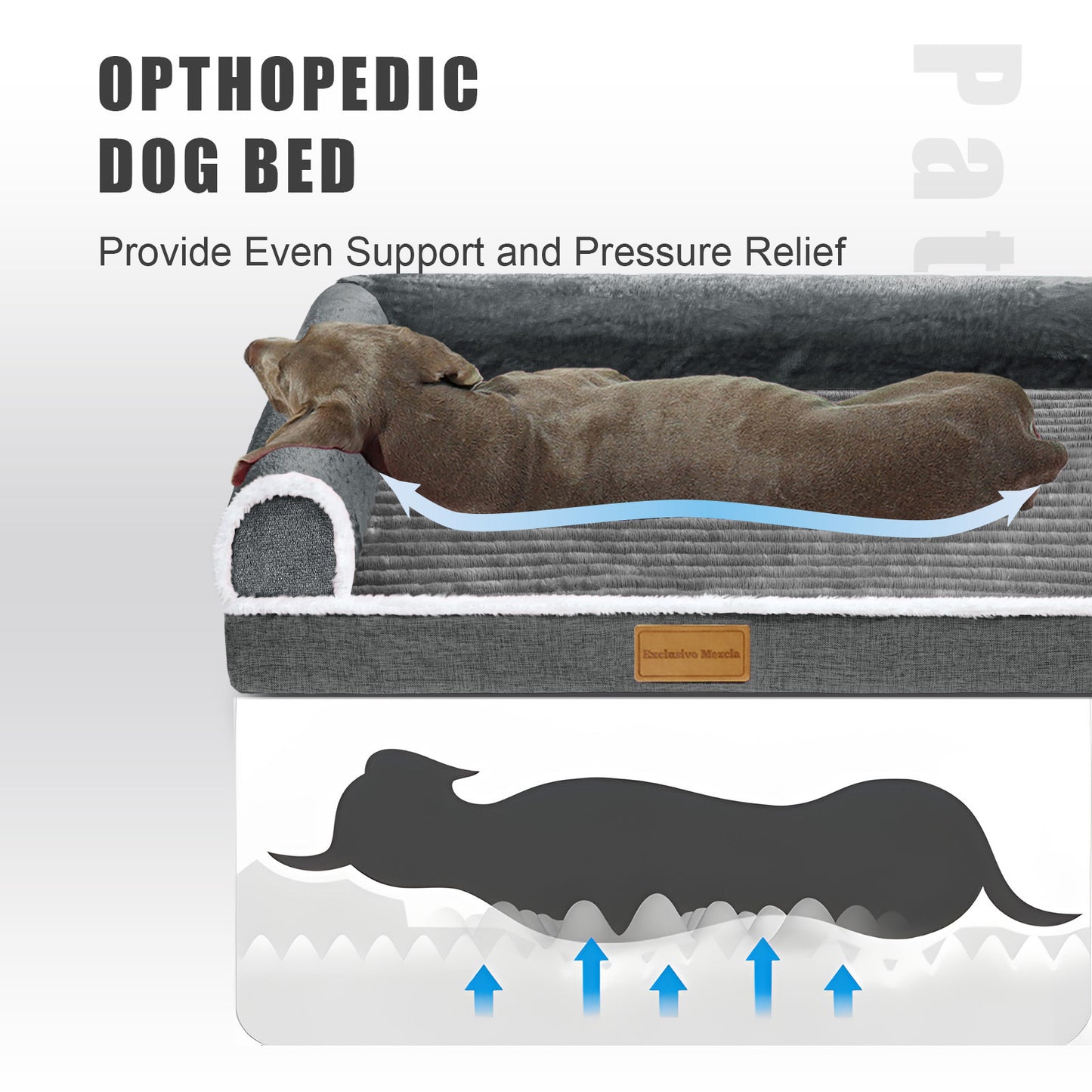 Exclusivo Mezcla Orthopedic Pet Bed for Medium Dogs, 36"X24" Waterproof L Shaped Sofa Dog Bed, Gray