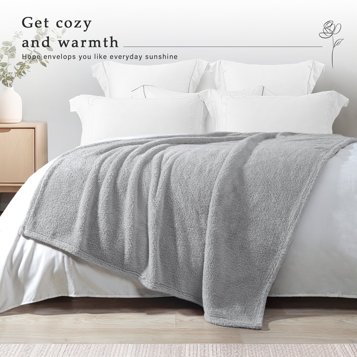 Exclusivo Mezcla Queen Size Flannel Fleece Blanket, Super Soft Velvet Plush Bed Blanket, Fuzzy Cozy Blankets for All Seasons, 90x90 Inches, Light Grey Blanket