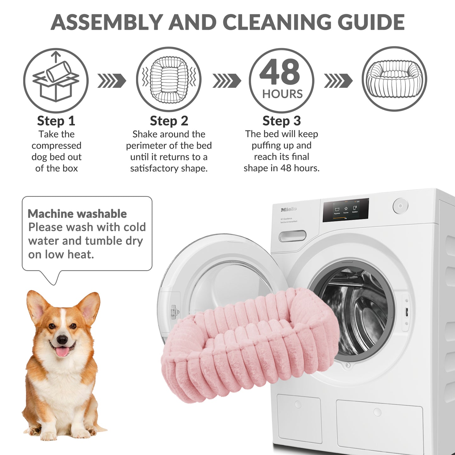 Exclusivo Mezcla Ribbed Plush Cuddler Dog Bed, 20"x16" Calming Pet Bed with Non-Slip Bottom for Small Dogs, Machine Washable, Pink