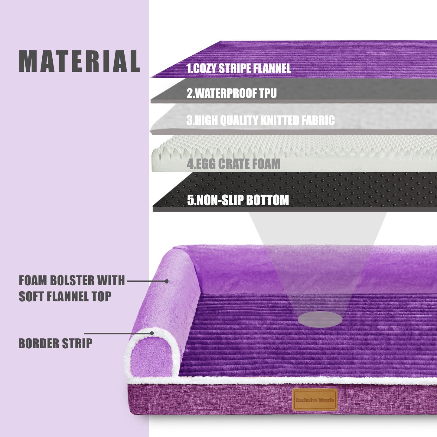 Exclusivo Mezcla Orthopedic Pet Bed for Extra Large Dogs, 56"X40" Waterproof L Shaped Sofa Dog Bed, Purple