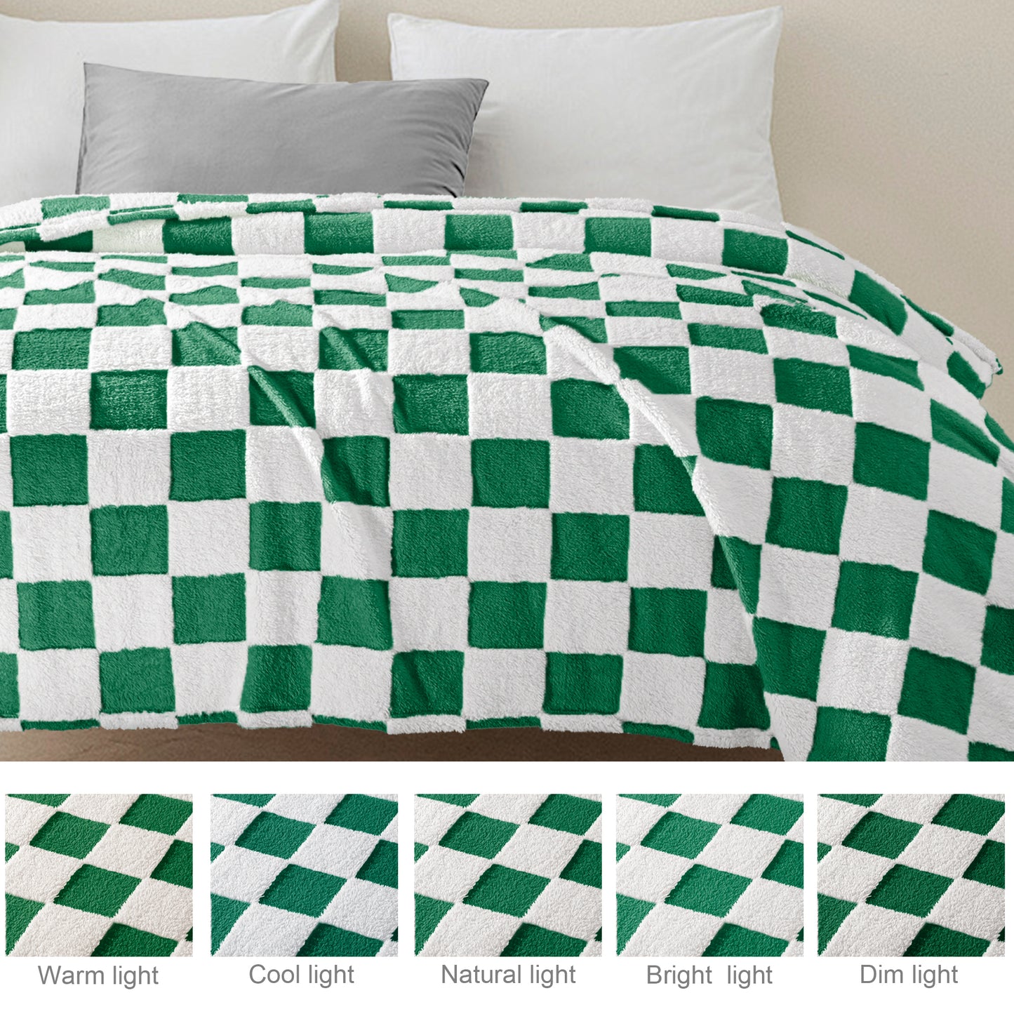 Exclusivo Mezcla Fleece Blanket Queen, Cozy Lightweight Fuzzy Checkered Blanket for Bed, Suitable for All Season, Green, 90" x 90"