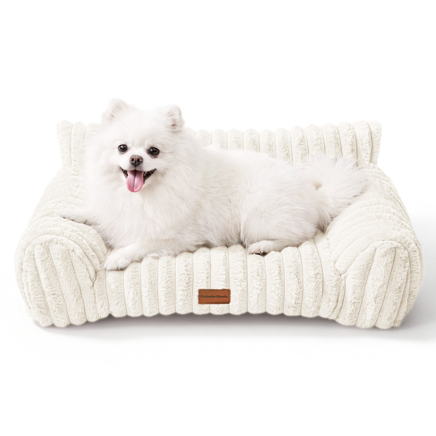 Exclusivo Mezcla Sofa Pet Bed with Raised Backrest for Small Dogs, 24"x18" Cozy Plush Cord Couch Dog Bed, Removable Washable Cover, Ivory
