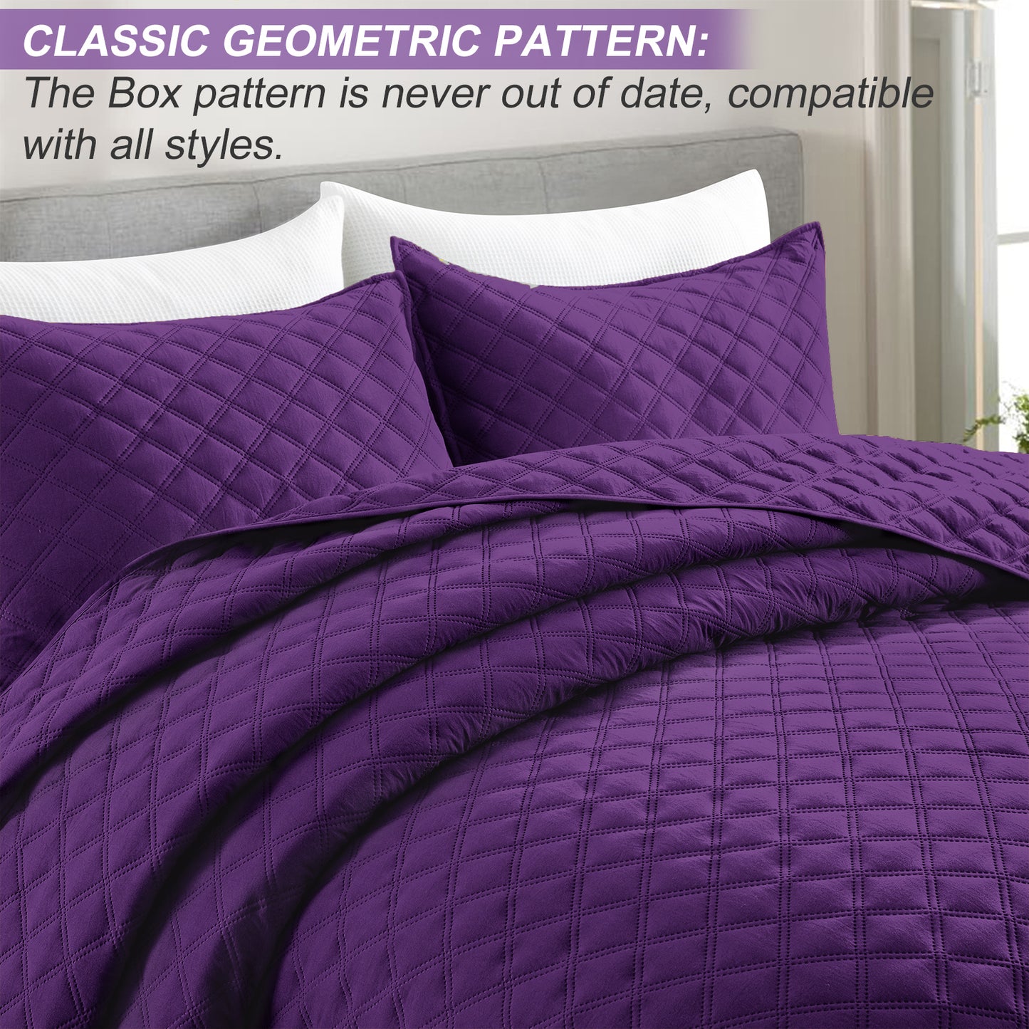 Exclusivo Mezcla 2-Piece Deep Purple Twin Size Quilt Set, Box Pattern Ultrasonic Lightweight and Soft Quilts/Bedspreads/Coverlets/Bedding Set (1 Quilt, 1 Pillow Sham) for All Seasons