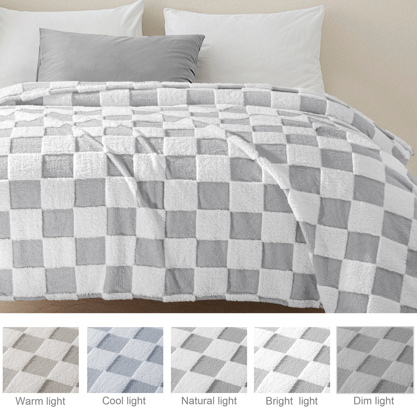Exclusivo Mezcla Fleece Blanket Queen, Cozy Lightweight Fuzzy Checkered Blanket for Bed, Suitable for All Season, Light Grey, 90" x 90"
