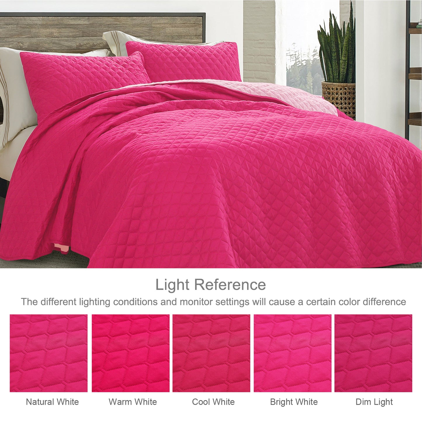 Exclusivo Mezcla Ultrasonic Reversible King Size Quilt Bedding Set with Pillow Shams, Lightweight Quilts King Size, Soft Bedspreads Bed Coverlets for All Seasons - (Hot Pink, 104"x96")