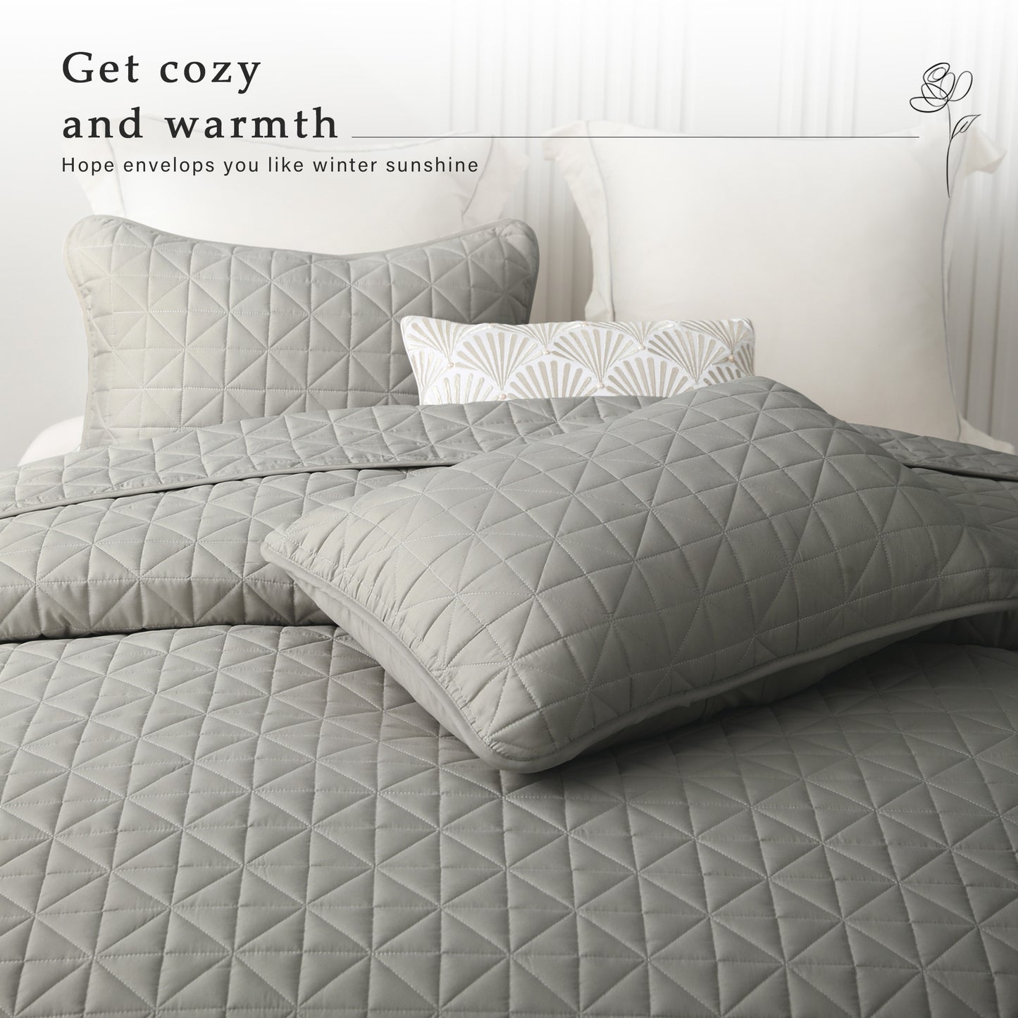 Exclusivo Mezcla Twin Quilt Bedding Set for All Seasons, Lightweight Soft Light Grey Quilts Twin Size Bedspreads Coverlets Bed Cover with Geometric Stitched Pattern, (1 Quilt, 1 Pillow Sham)