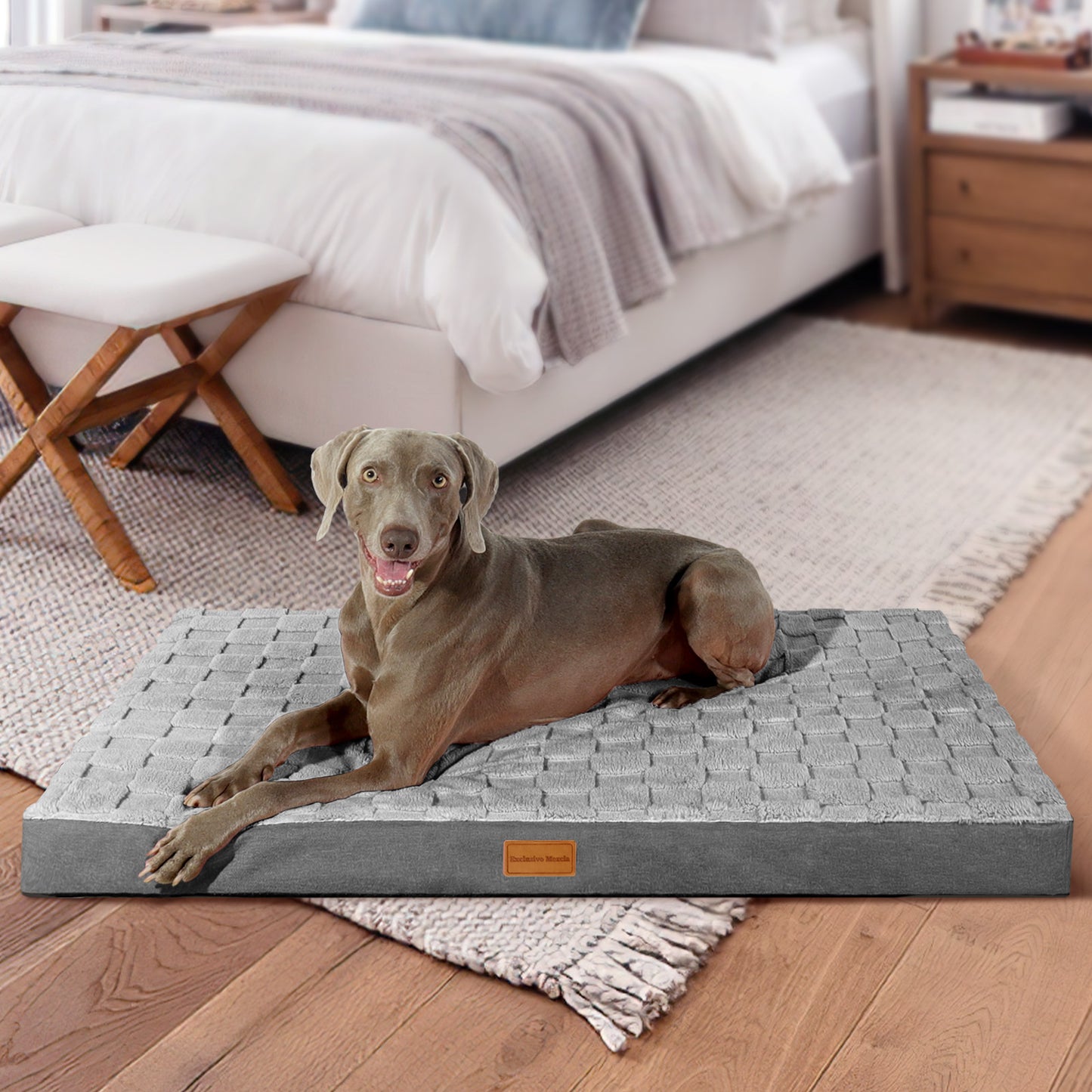 Exclusivo Mezcla Checkered Orthopedic Jumbo Dog Bed for Extra Large Dogs 56"X40", Waterproof Removable Washable Cover,Egg Crate Foam Pet Bed Mat, Grey