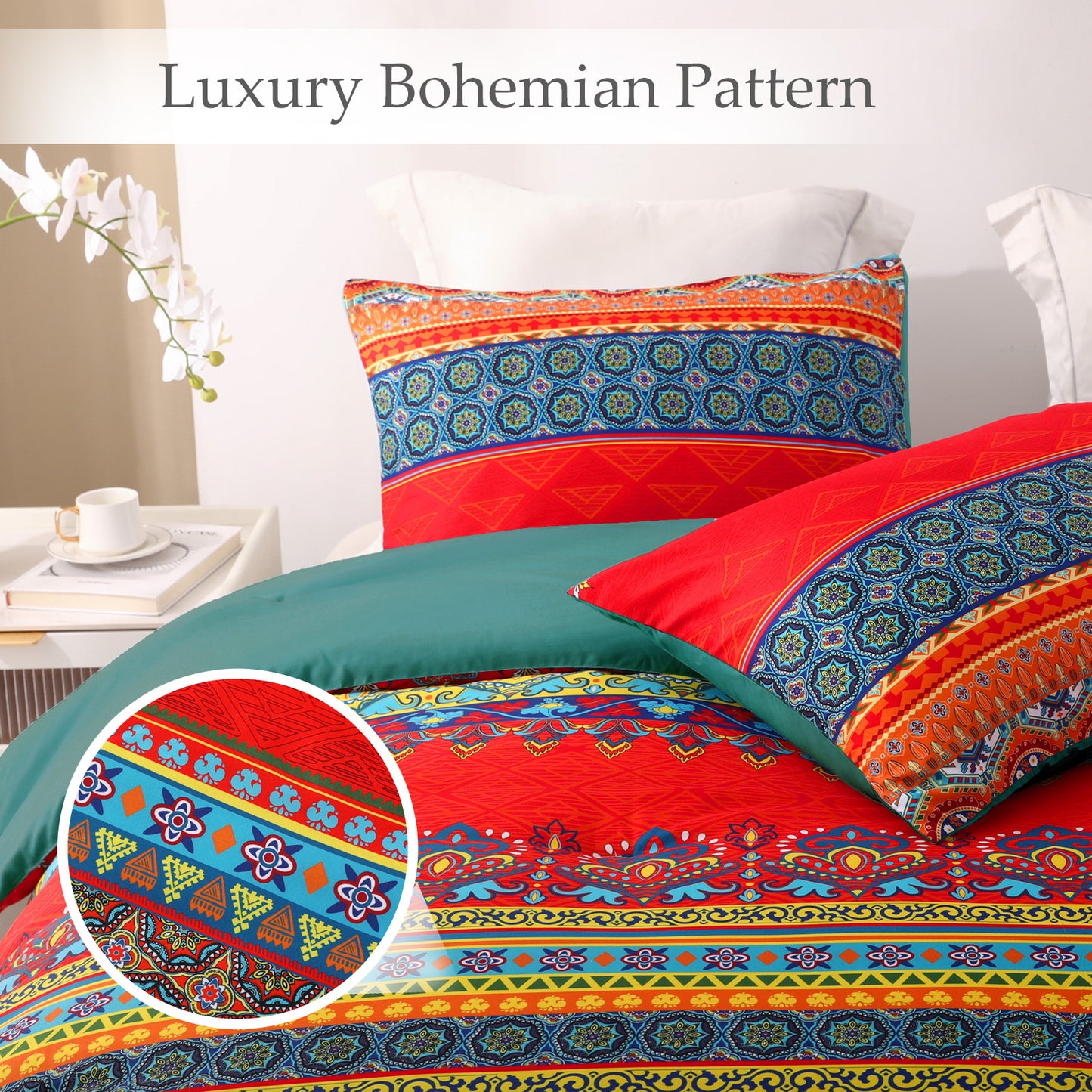 Exclusivo Mezcla 3-Piece Bohomian King Size Comforter Set, Microfiber Bedding Down Alternative Comforter for All Seasons with 2 Pillow Shams, Boho Blue