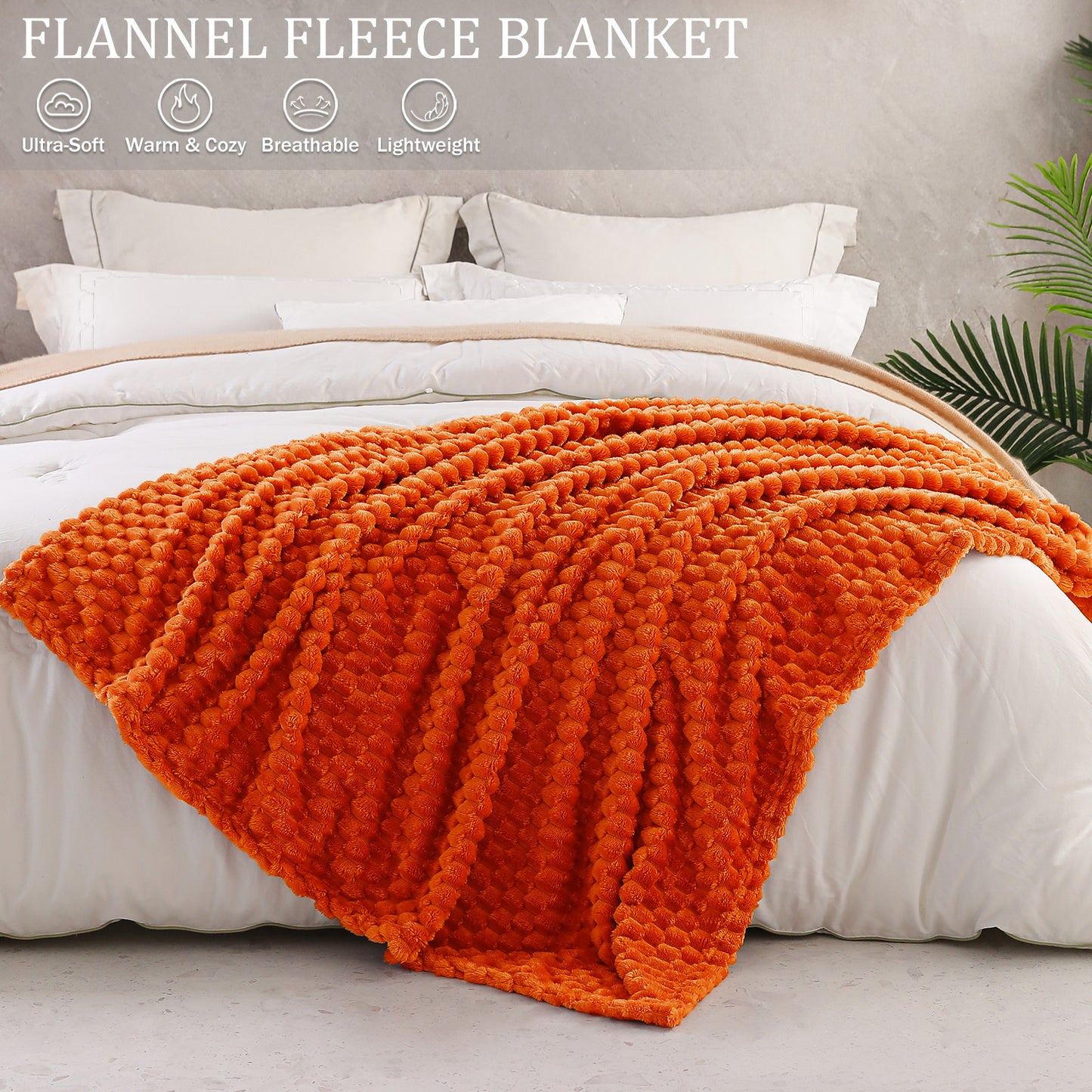 Exclusivo Mezcla King Size Soft Fleece Blanket, 90x104 Inches 3D Clouds Stylish Jacquard Velvet Blanket for Bed, Cozy Soft Lightweight for All Season, Burnt Orange Blanket