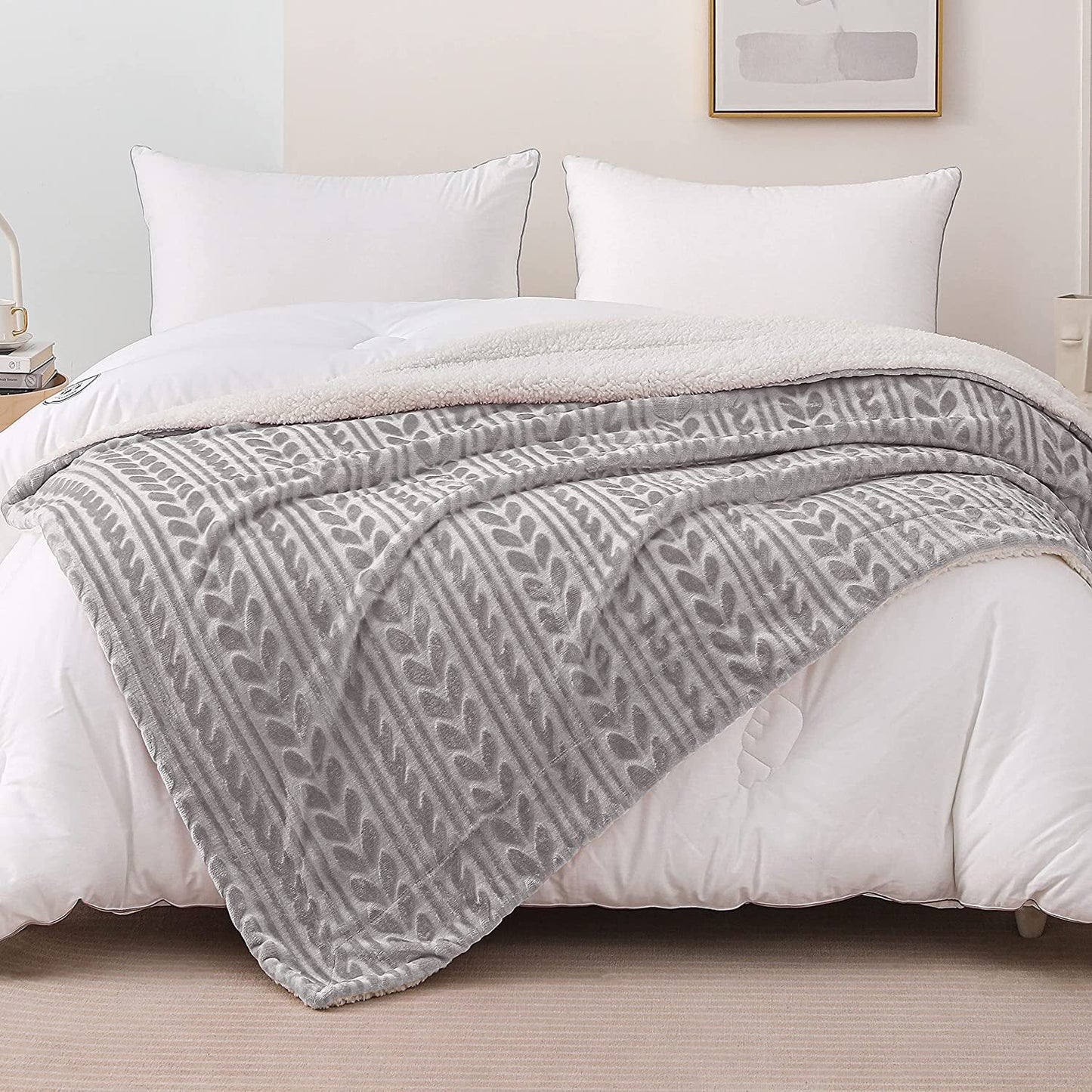 Exclusivo Mezcla 50"x70" Sherpa Fleece Throw Blanket, Reversible Velvet Plush Blankets and Soft Throws for Couch, Sofa, Bed, Super Cozy Thick and Warm, Light Grey