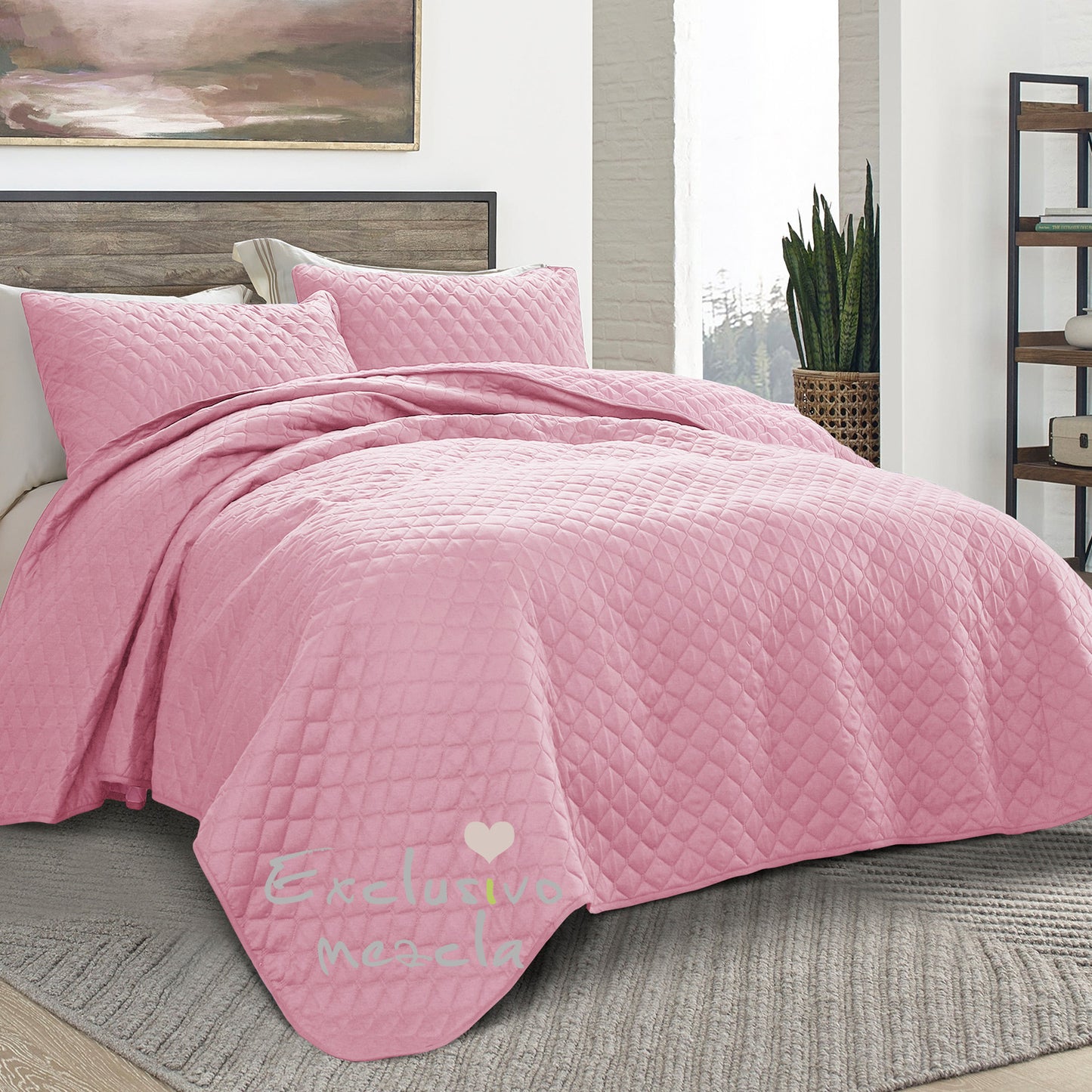 Exclusivo Mezcla Ultrasonic Reversible Twin Quilt Bedding Set with Pillow Sham, Lightweight Quilts Twin Size, Soft Bedspreads Bed Coverlets for All Seasons - (Bright Pink, 68"x88")