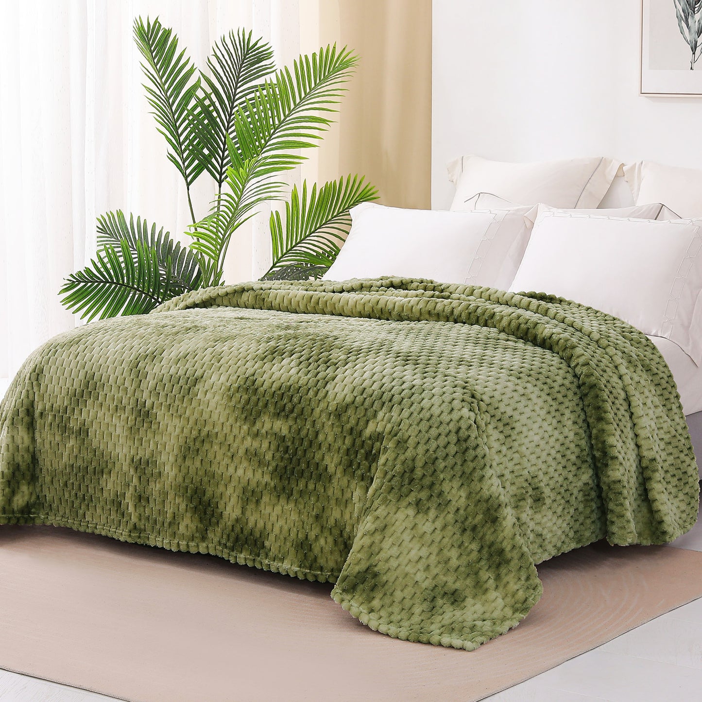 Exclusivo Mezcla Twin Size Soft Fleece Blanket, 90x66 Inches 3D Clouds Stylish Jacquard Velvet Blanket for Bed, Cozy Soft Lightweight for All Season, Tie-dye Olive Green Blanket
