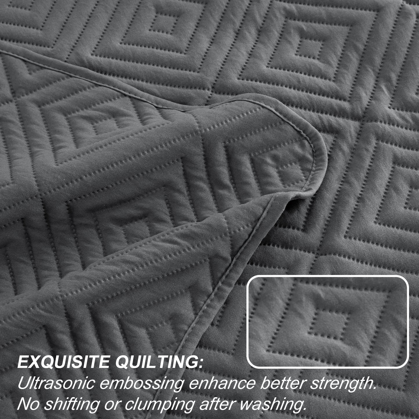Exclusivo Mezcla 3-Piece Gray King Size Quilt Set, Square Pattern Ultrasonic Lightweight and Soft Quilts/Bedspreads/Coverlets/Bedding Set (1 Quilt, 2 Pillow Shams) for All Seasons