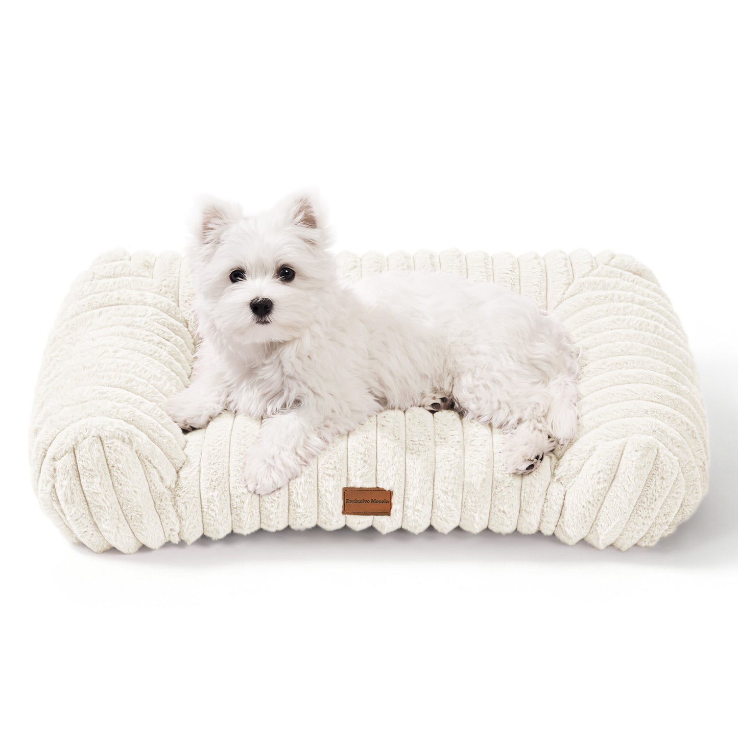 Exclusivo Mezcla Small Cuddler Couch Pet Bed with Sides, 20"x16" Ribbed Plush Corduroy Dog Bed with Non-Slip Bottom and Washable Cover, Ivory