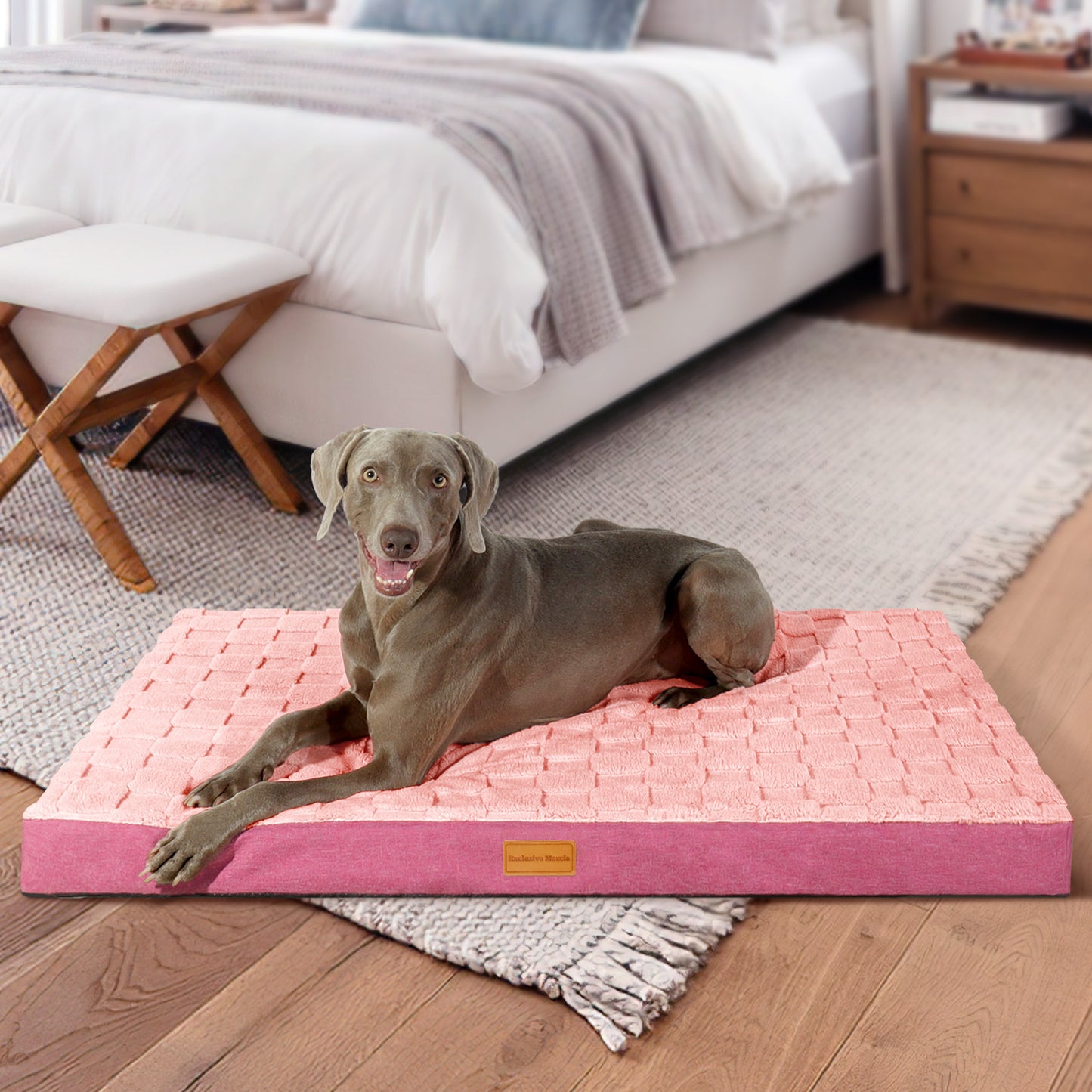 Exclusivo Mezcla Checkered Orthopedic Jumbo Dog Bed for Extra Large Dogs 56"X40", Waterproof Removable Washable Cover, Egg Crate Foam Pet Bed Mat, Pink