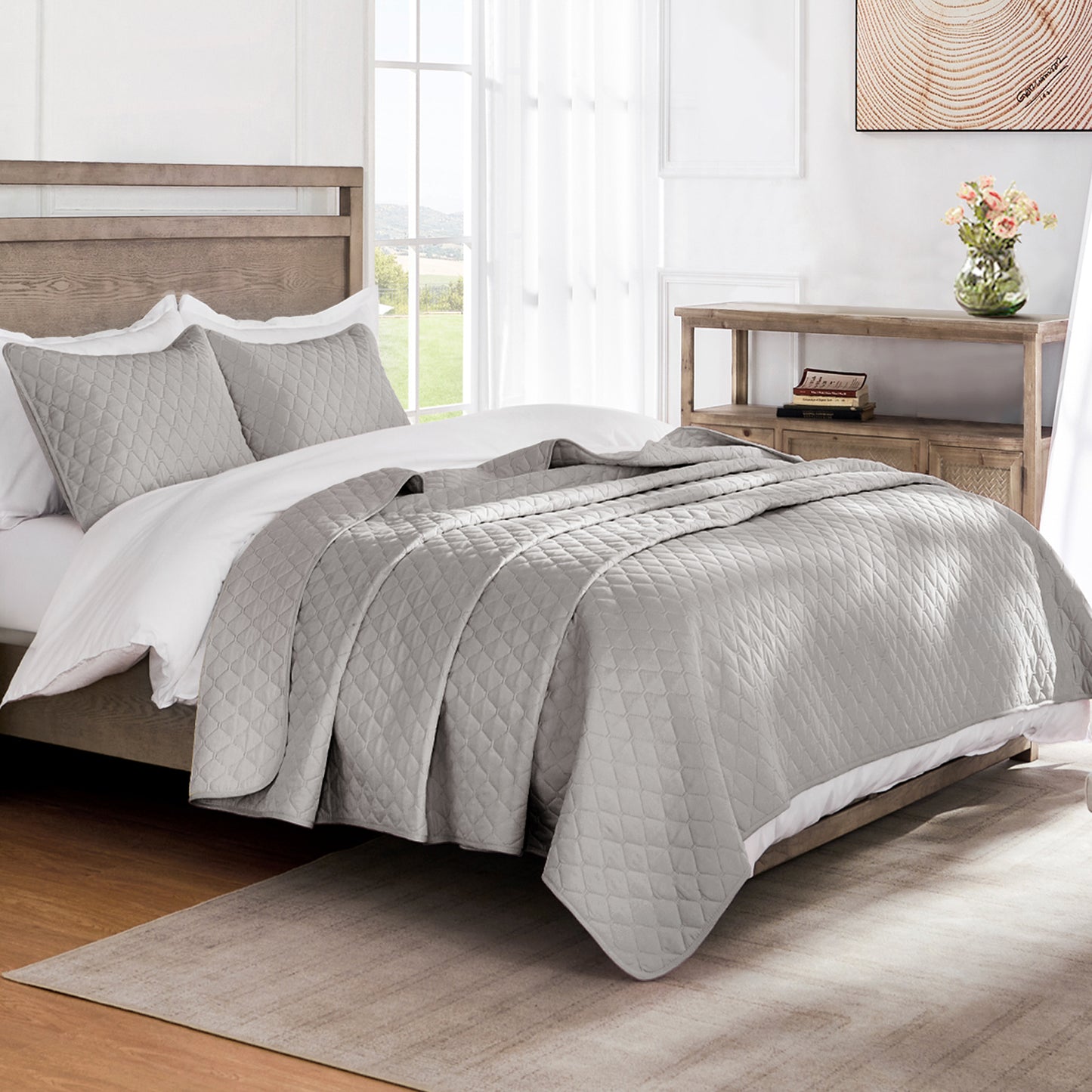 Exclusivo Mezcla Ultrasonic Reversible King Size Quilt Bedding Set with Pillow Shams, Lightweight Quilts King Size, Soft Bedspreads Bed Coverlets for All Seasons - (Light Grey, 104"x96")