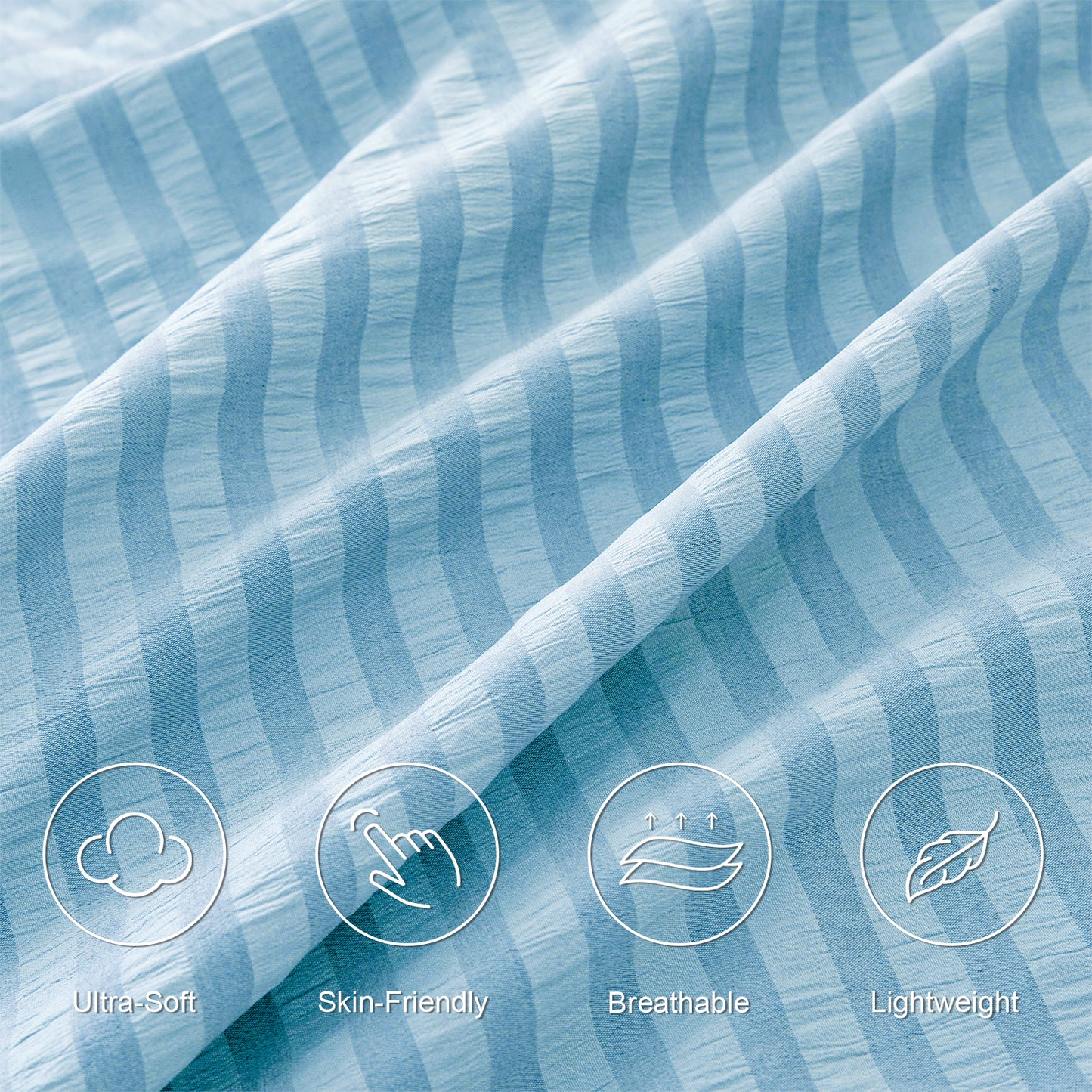 Exclusivo Mezcla 3-Piece Seersucker Queen Comforter Set Sky Blue, Lightweight Soft Striped Pattern All Season Bedding Comforter sets with 2 Pillow Shams