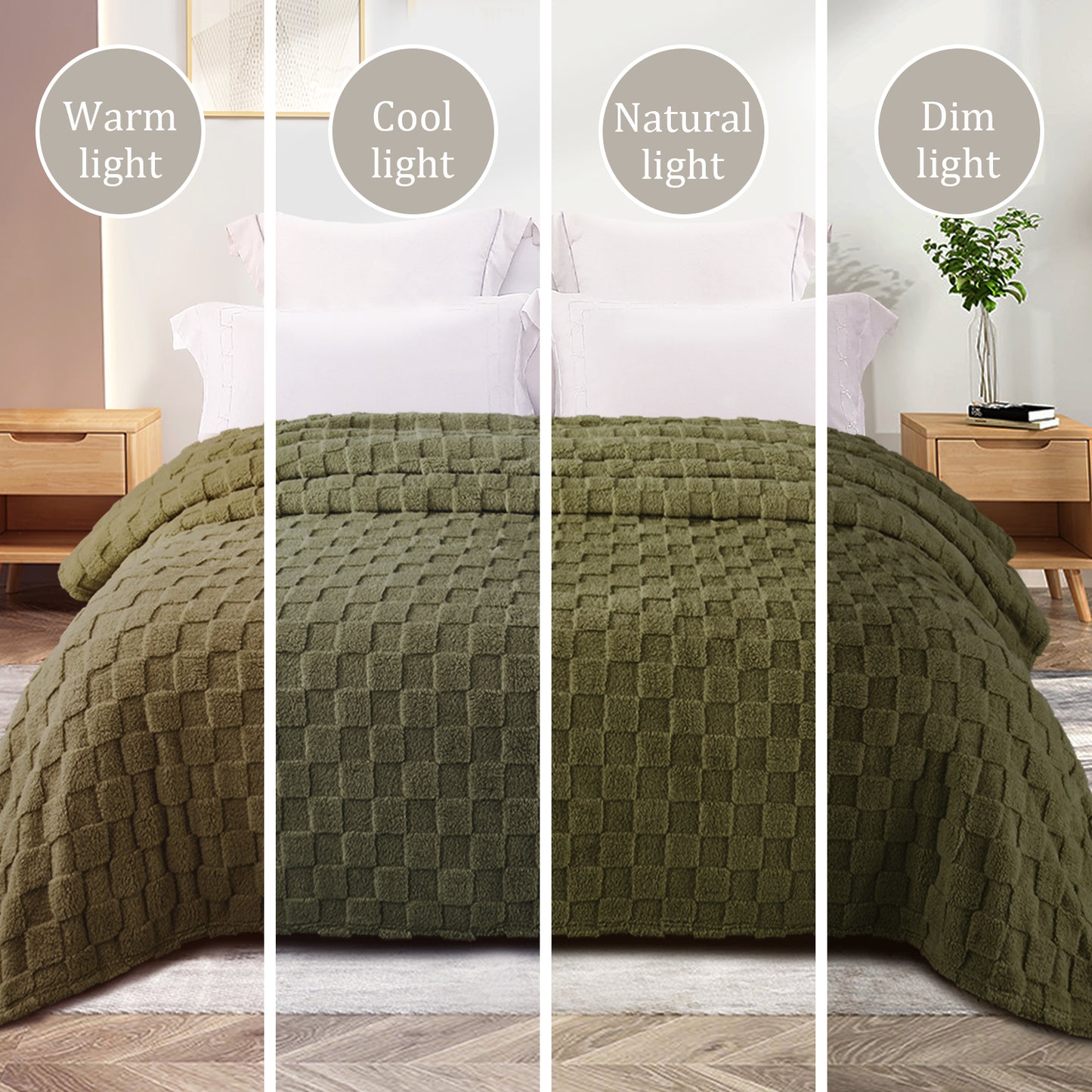 Exclusivo Mezcla Fleece Throw Blanket for Couch, Super Soft 3D Checkered Jacquard Bed Blanket, Cozy Fluffy Lightweight Blanket for All Seasons, 50x60 Inches, Olive Green Blanket