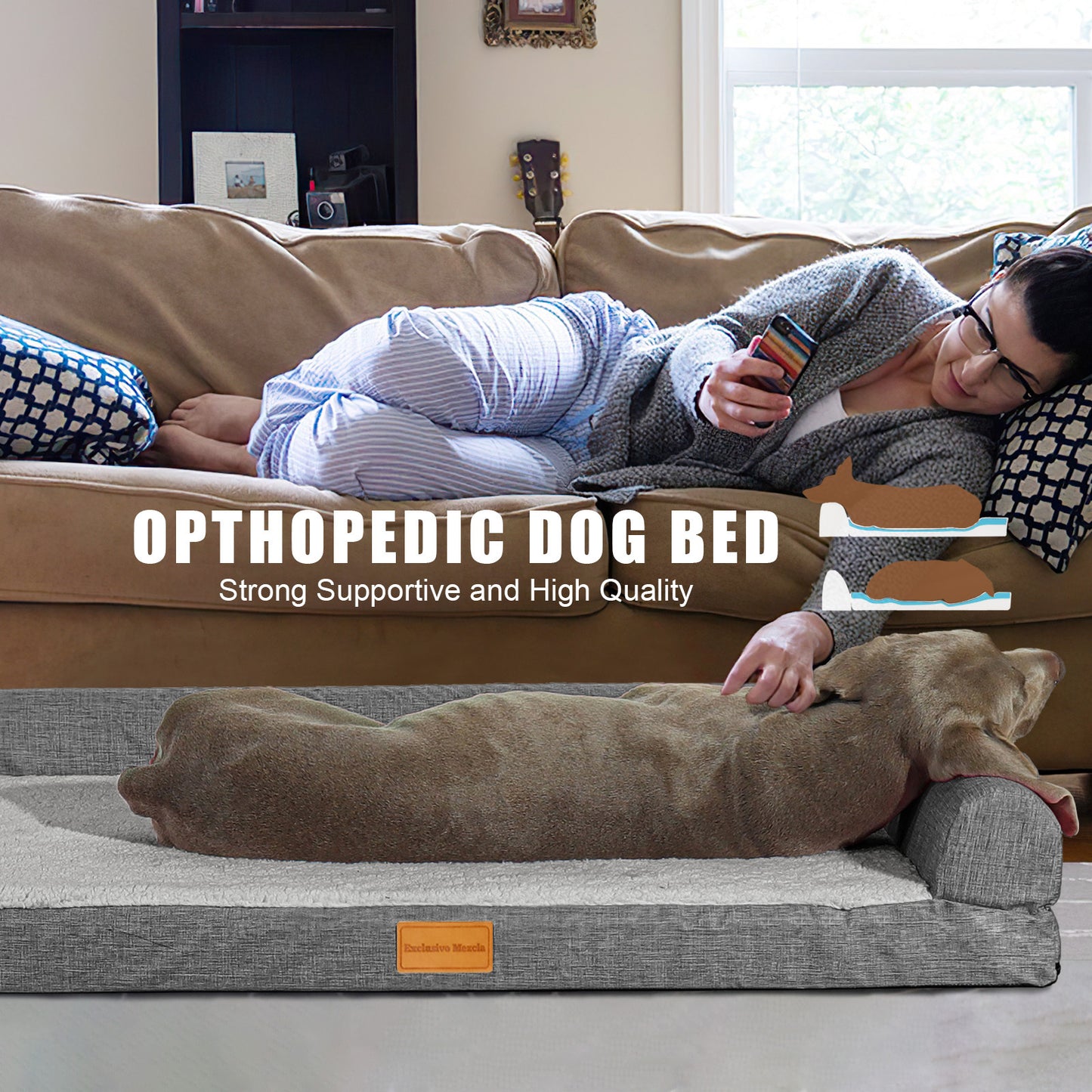 Exclusivo Mezcla Orthopedic XXL Dog Bed for Extra Large Dogs 48''X30'', L Shaped with Removable Washable Cover, Waterproof Supportive Foam Pet Couch Bed Mat, Grey