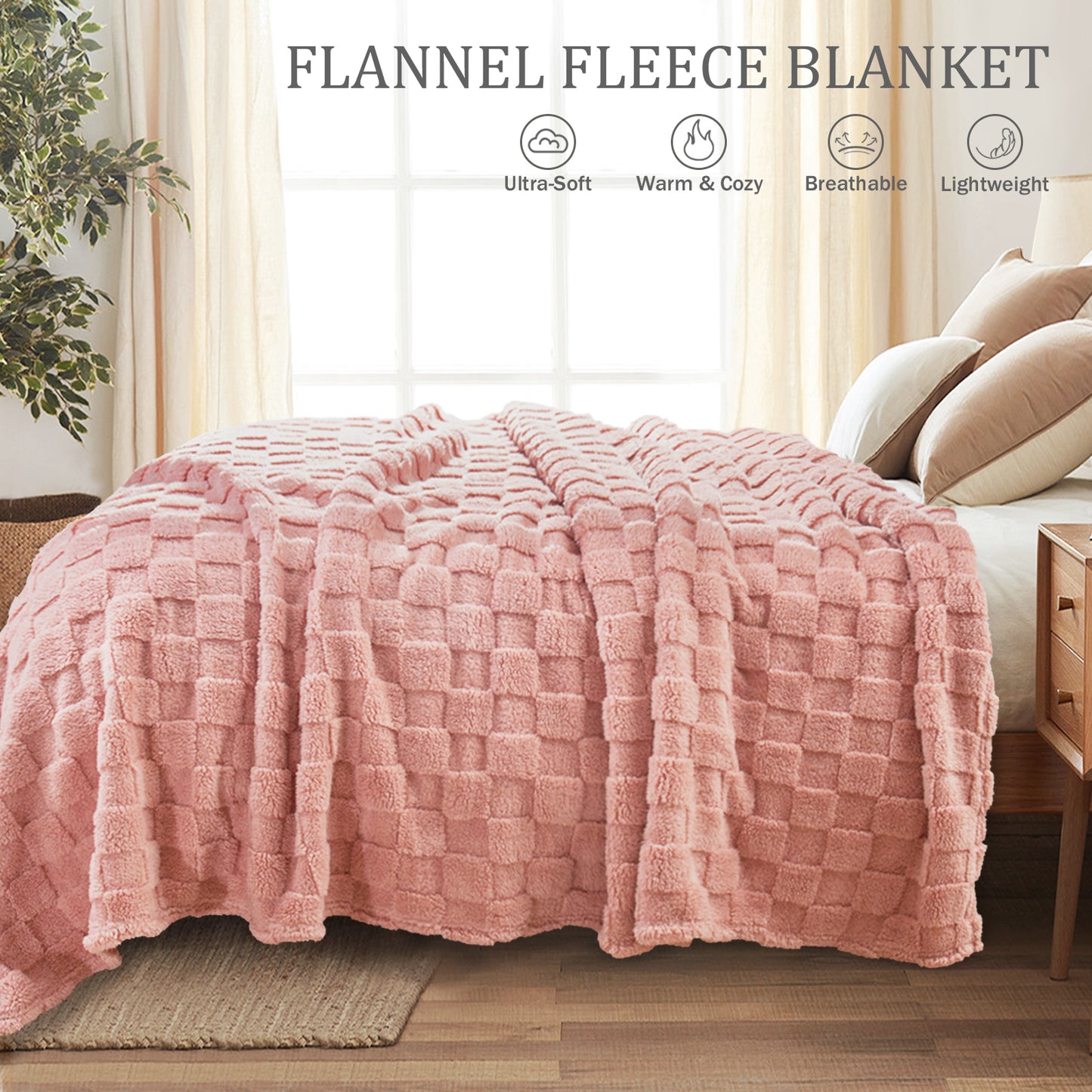 Exclusivo Mezcla Queen Size Flannel Fleece Blanket, Super Soft 3D Checkered Jacquard Bed Blanket, Cozy Fluffy Lightweight Blanket for All Seasons, 90x90 Inches, Pink Blanket