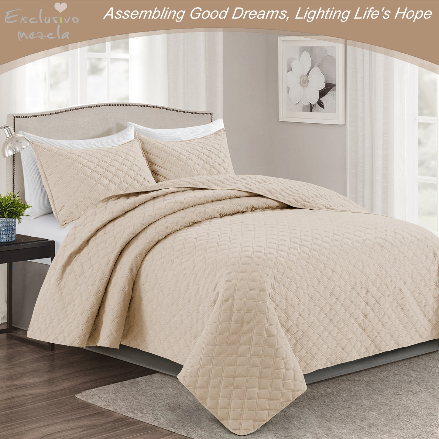 Exclusivo Mezcla 2-Piece Bone Twin Size Quilt Set, Box Pattern Ultrasonic Lightweight and Soft Quilts/Bedspreads/Coverlets/Bedding Set (1 Quilt, 1 Pillow Sham) for All Seasons
