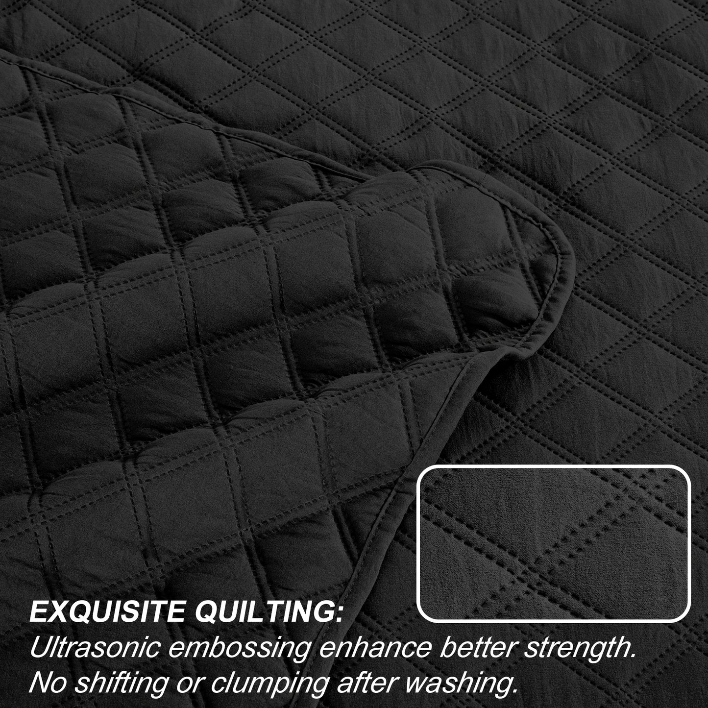 Exclusivo Mezcla 3-Piece Black King Size Quilt Set, Box Pattern Ultrasonic Lightweight and Soft Quilts/Bedspreads/Coverlets/Bedding Set (1 Quilt, 2 Pillow Shams) for All Seasons