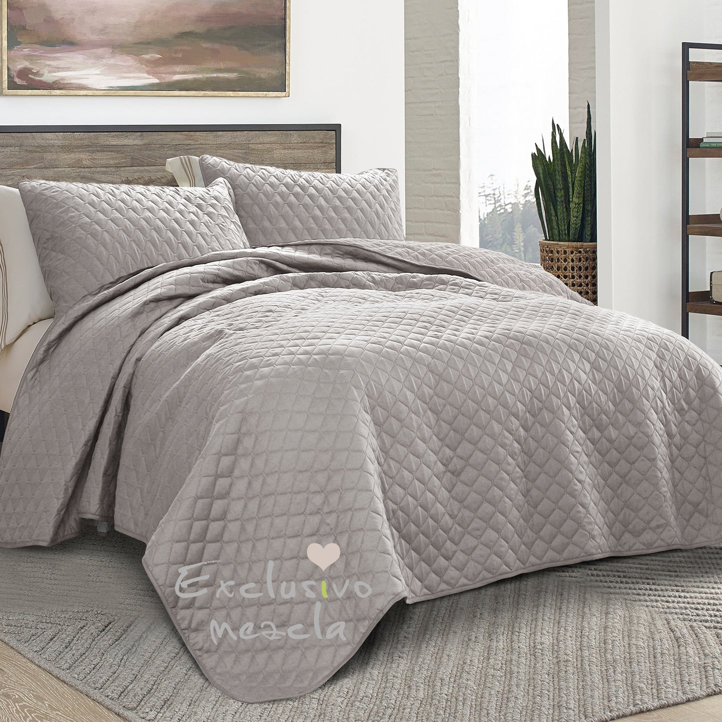 Exclusivo Mezcla Ultrasonic Reversible King Size Quilt Bedding Set with Pillow Shams, Lightweight Quilts King Size, Soft Bedspreads Bed Coverlets for All Seasons - (Light Grey, 104"x96")
