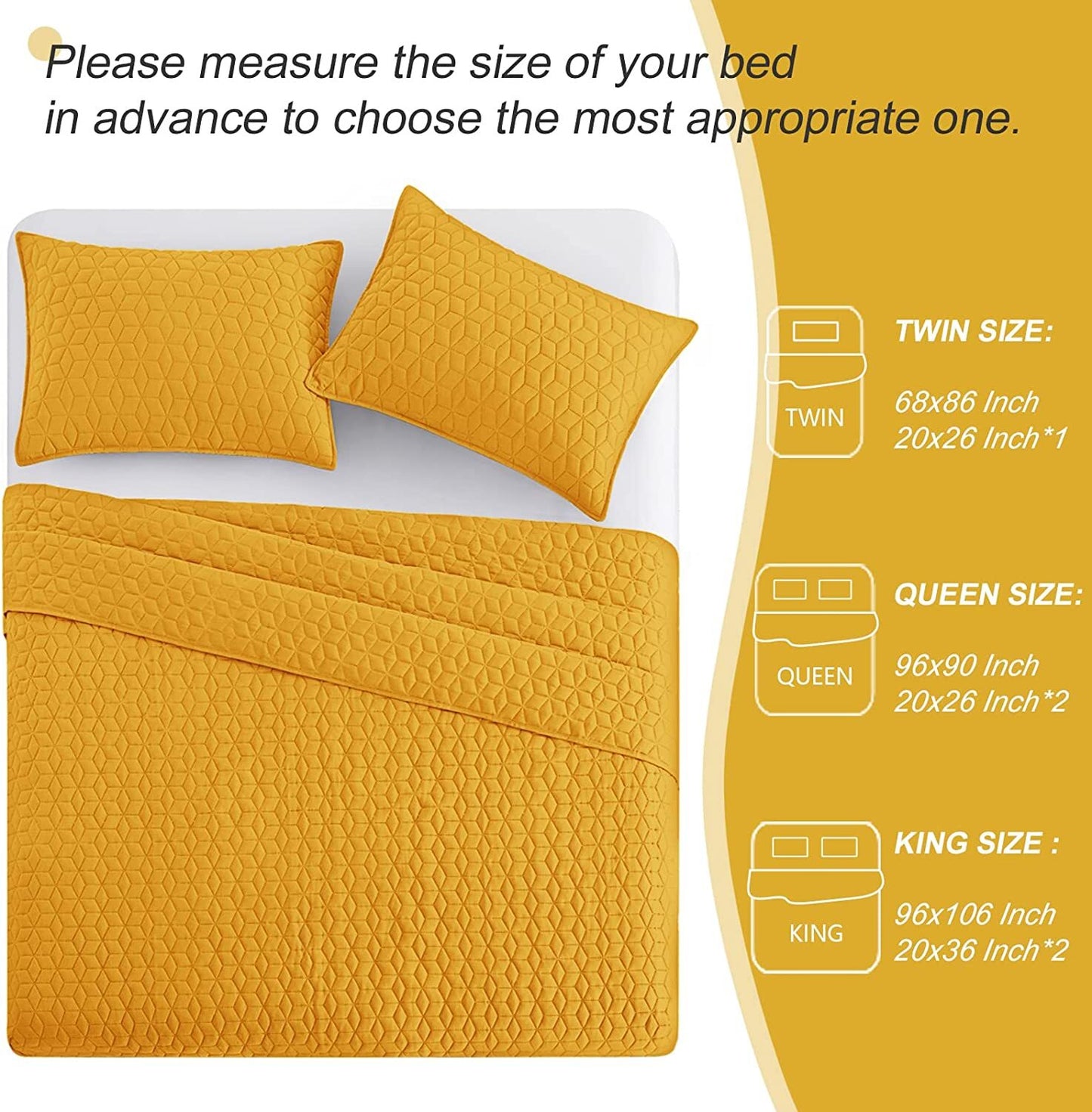 Exclusivo Mezcla 3-Piece Yellow King Size Quilt Set, Diamond Pattern Ultrasonic Lightweight and Soft Quilts/Bedspreads/Coverlets/Bedding Set (1 Quilt, 2 Pillow Shams) for All Seasons