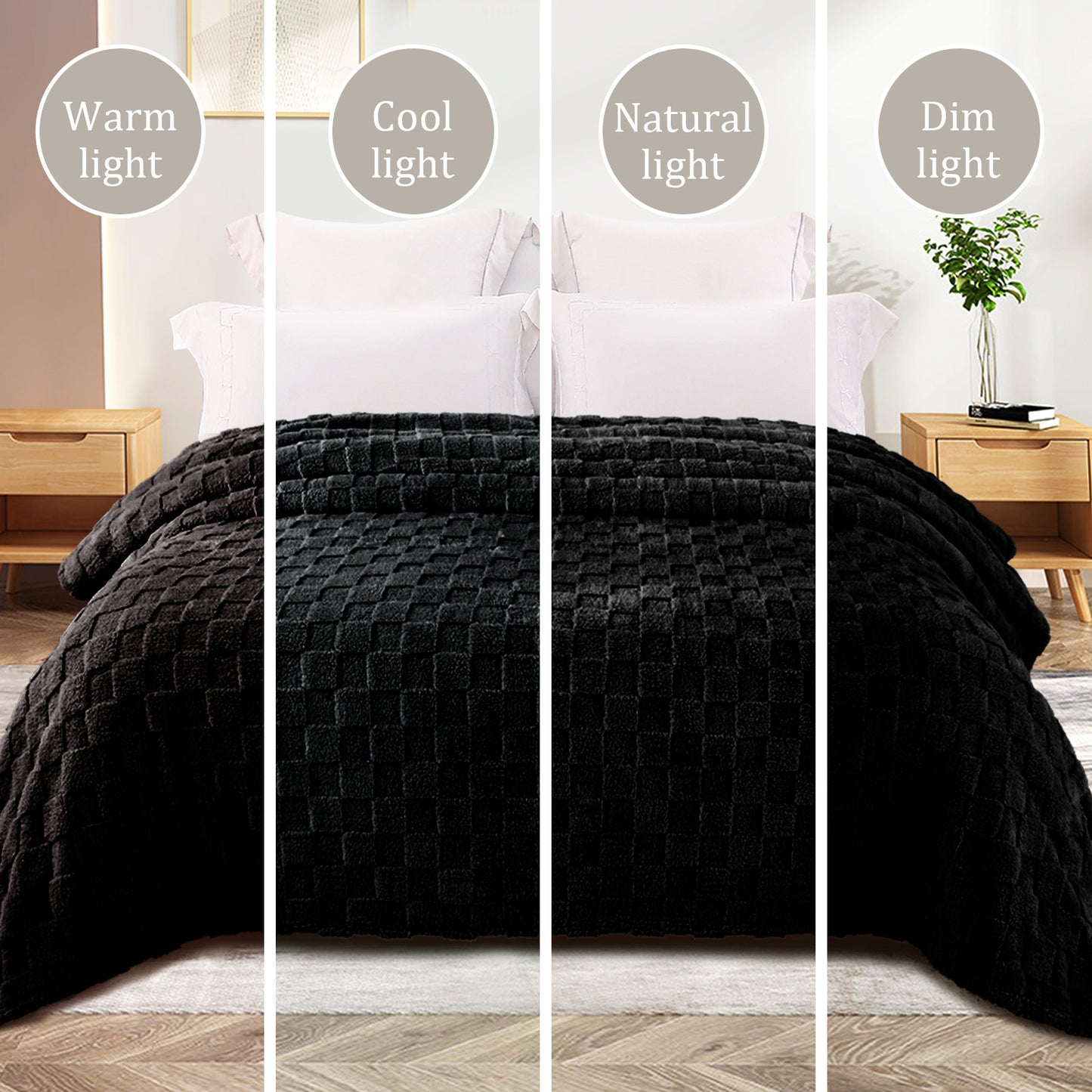 Exclusivo Mezcla Fleece Throw Blanket for Couch, Super Soft 3D Checkered Jacquard Bed Blanket, Cozy Fluffy Lightweight Blanket for All Seasons, 50x60 Inches, Black Blanket