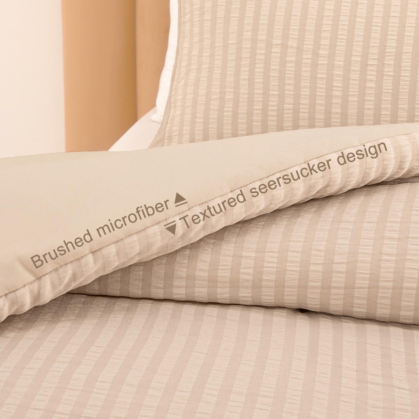 Exclusivo Mezcla 3-Piece Seersucker King Comforter Set Brich Beige, Lightweight Soft Striped Pattern All Season Bedding Comforter sets with 2 Pillow Shams