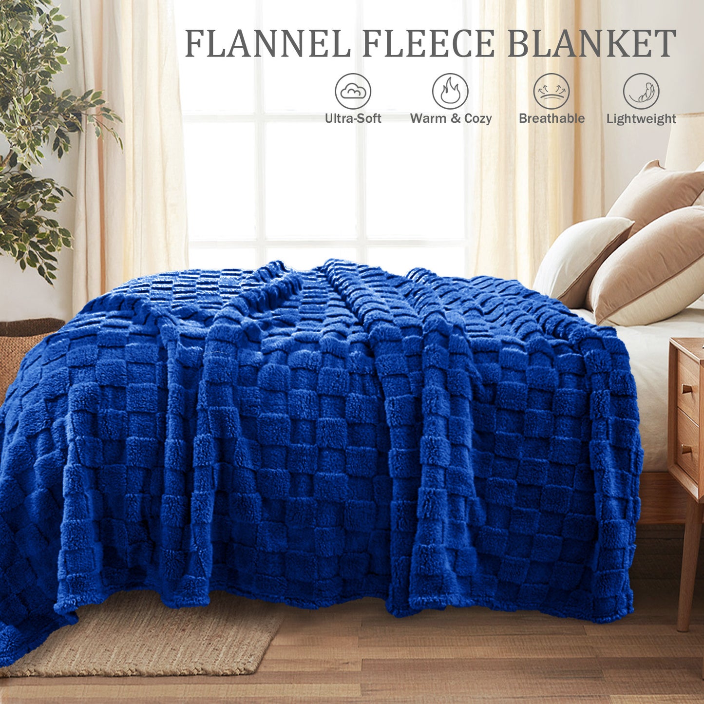 Exclusivo Mezcla Queen Size Flannel Fleece Blanket, Super Soft 3D Checkered Jacquard Bed Blanket, Cozy Fluffy Lightweight Blanket for All Seasons, 90x90 Inches, Cobalt Blue Blanket