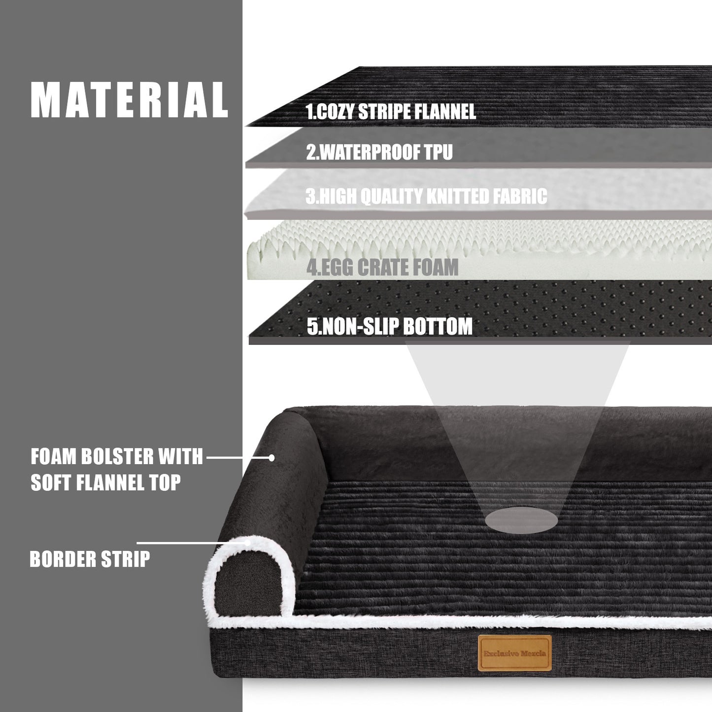 Exclusivo Mezcla Orthopedic Pet Bed for Medium Dogs, 30"X20" Waterproof L Shaped Sofa Dog Bed, Black