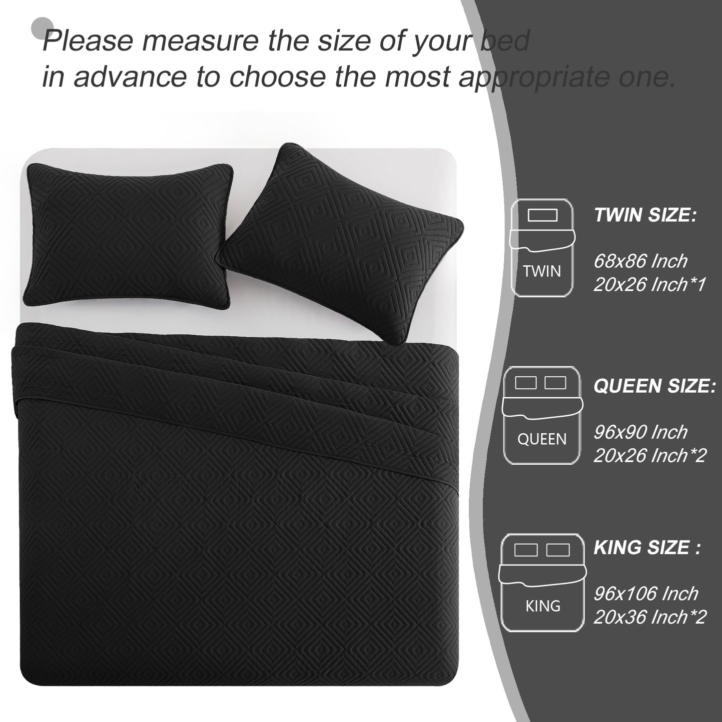 Exclusivo Mezcla 3-Piece Black Queen Size Quilt Set, Square Pattern Ultrasonic Lightweight and Soft Quilts/Bedspreads/Coverlets/Bedding Set (1 Quilt, 2 Pillow Shams) for All Seasons